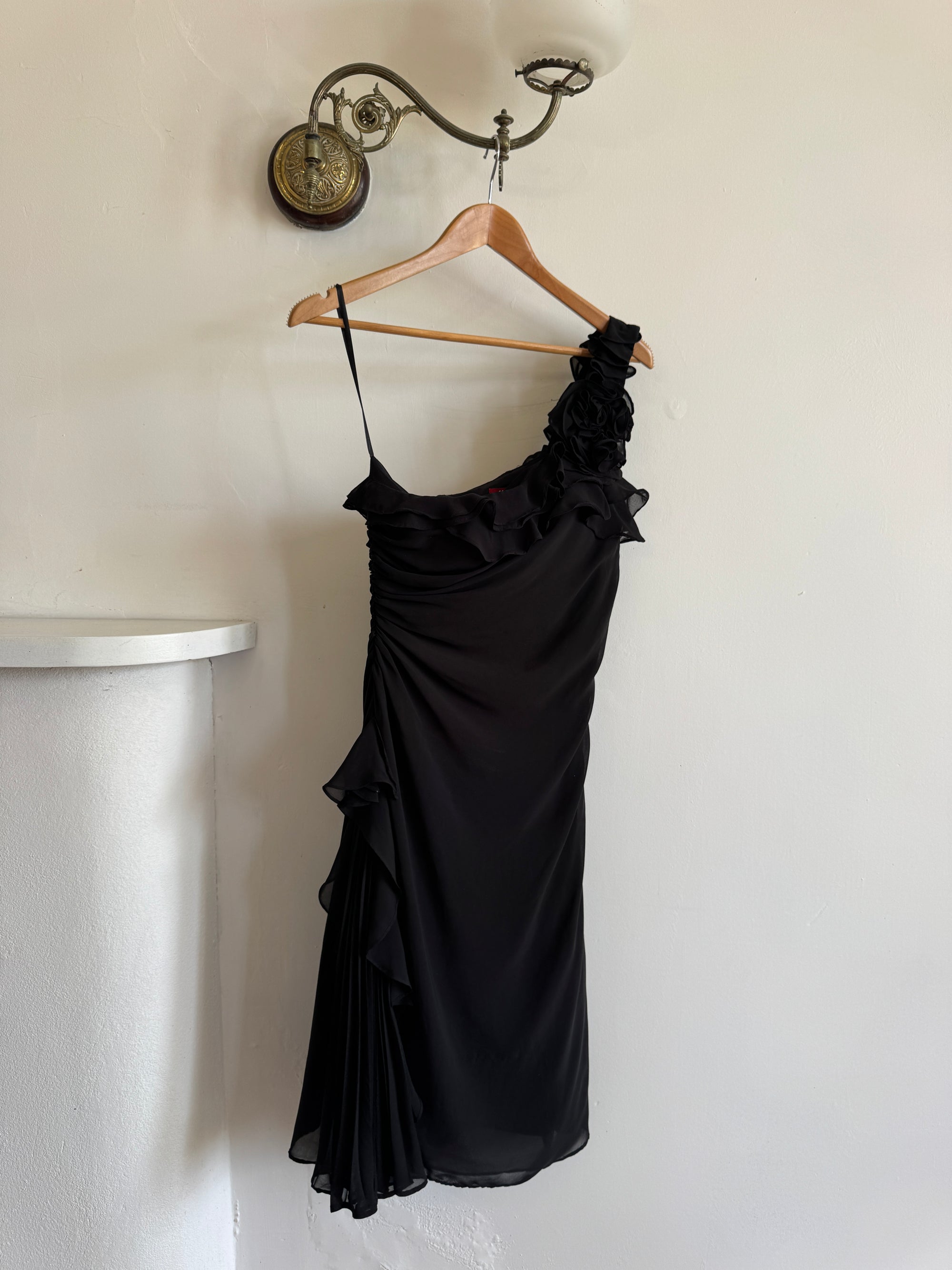 Vintage 90s One Shoulder Ruffle Jersey Dress Noir