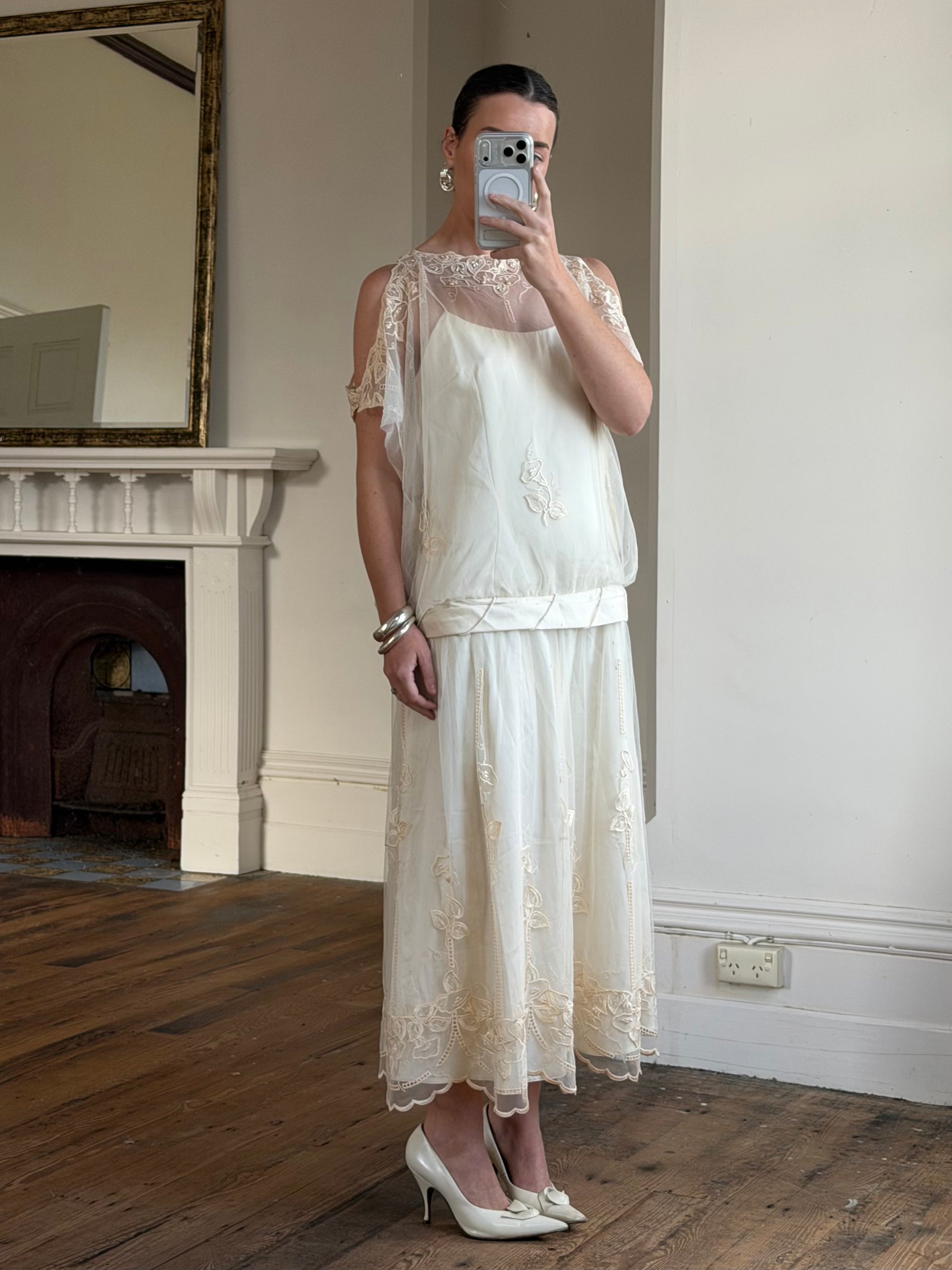 Vintage 80s Drop Waist Floral Sheer Midi Dress Creme