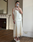 Vintage 80s Drop Waist Floral Sheer Midi Dress Creme