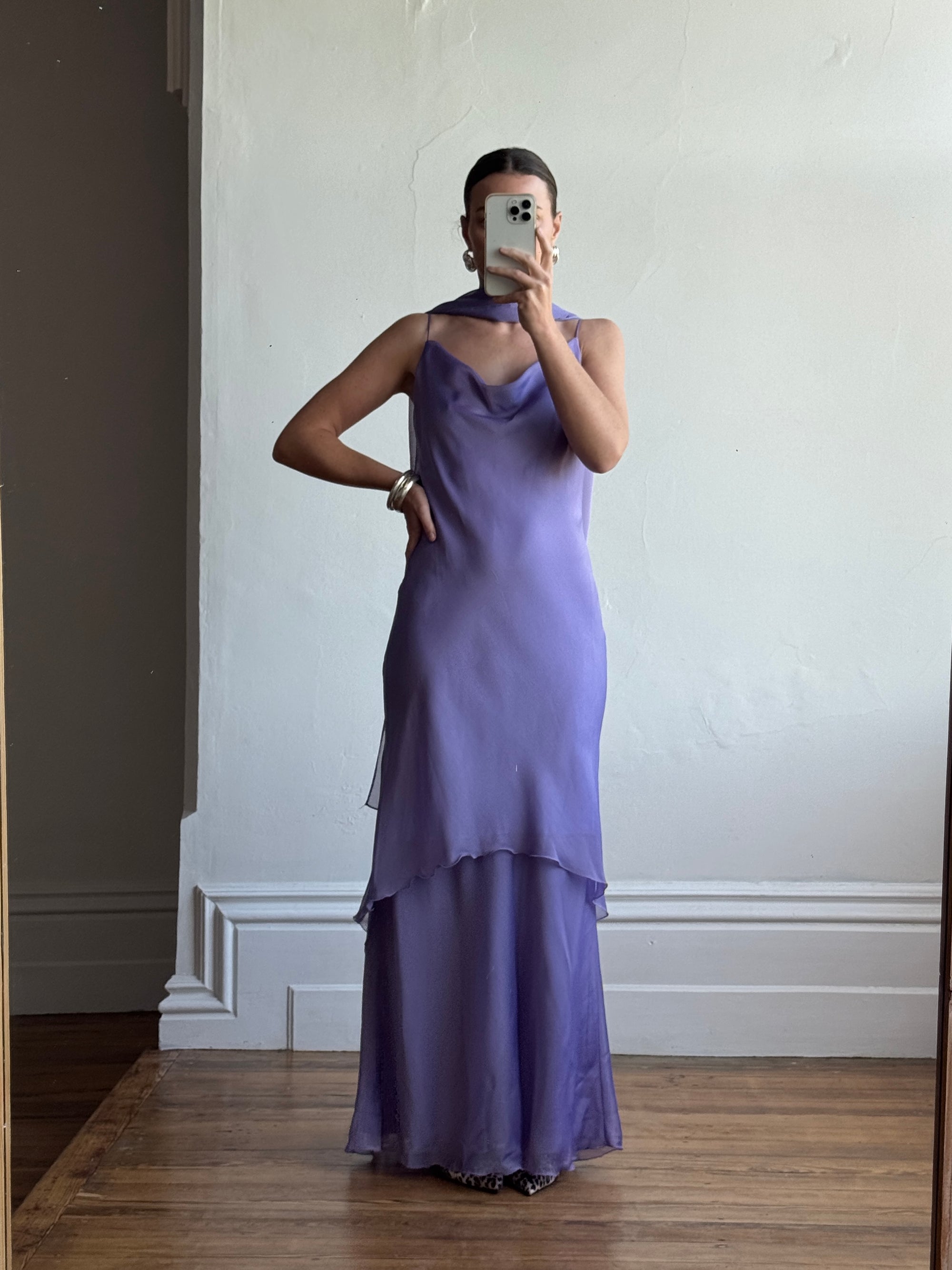 Vintage 90s Lilac Cowl Tiered Slip Dress with Scarf