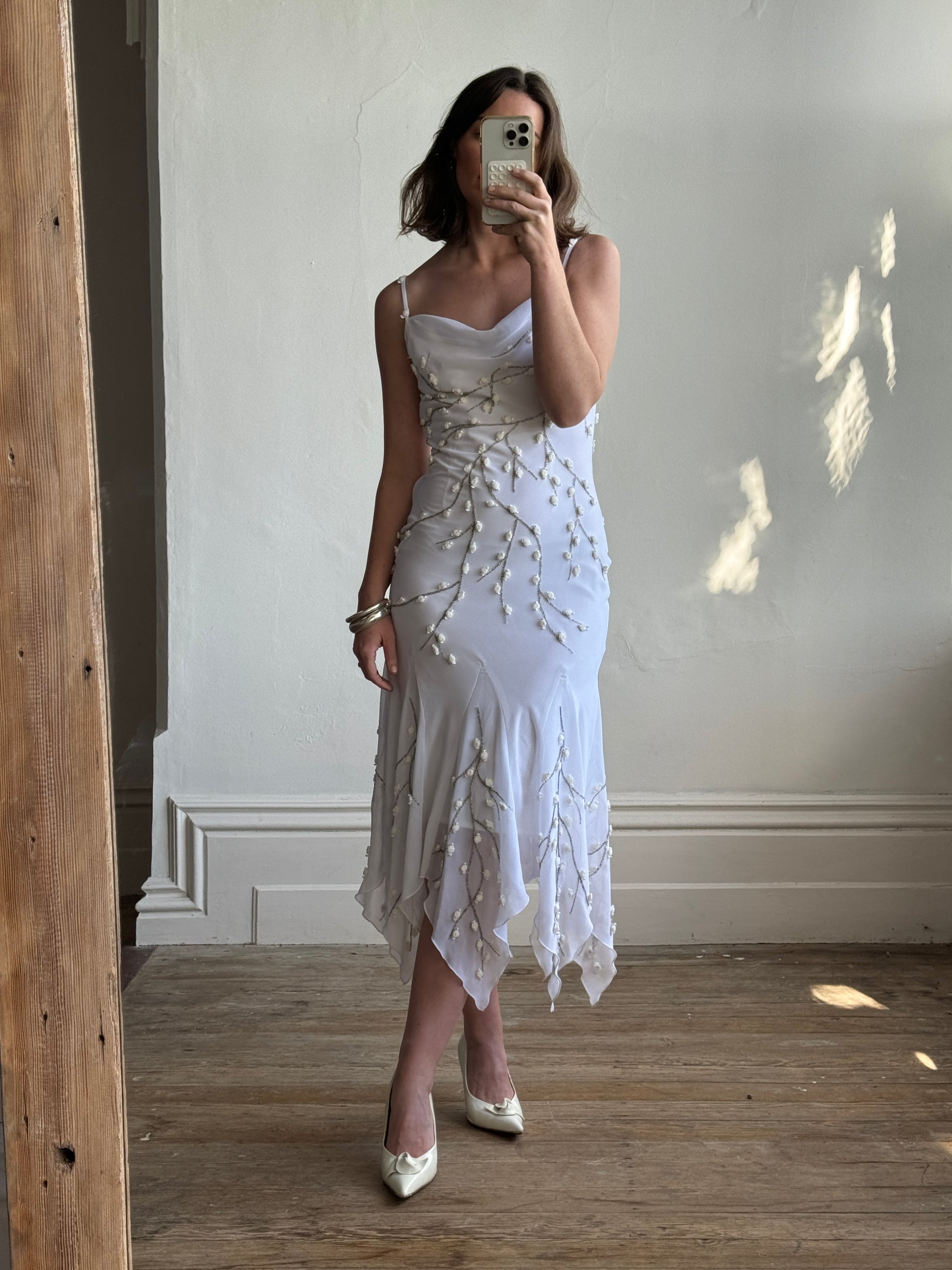 Vintage 90s Fairy Cowl Neck Wedding Dress With Hand Beaded Vine Embroi –  Call Me The Breeze