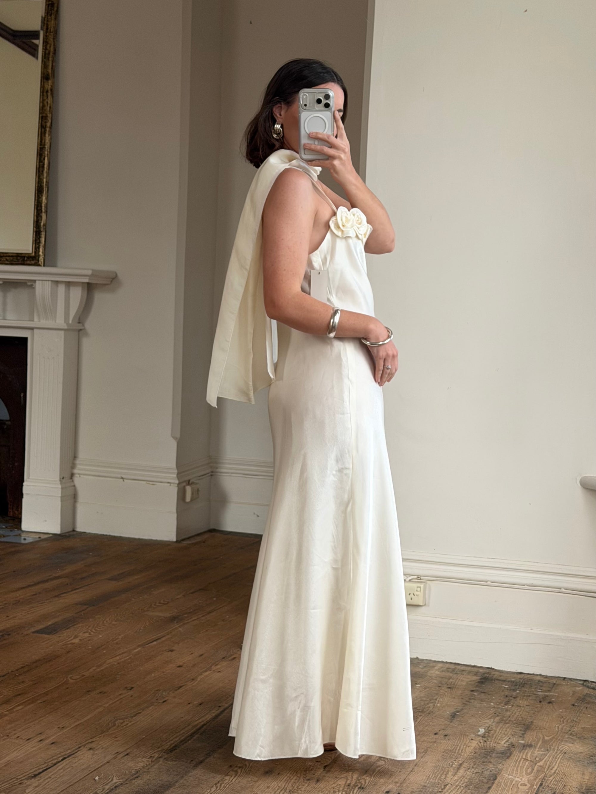Vintage Y2K Rosette Bridal Slip Dress Champagne Satin