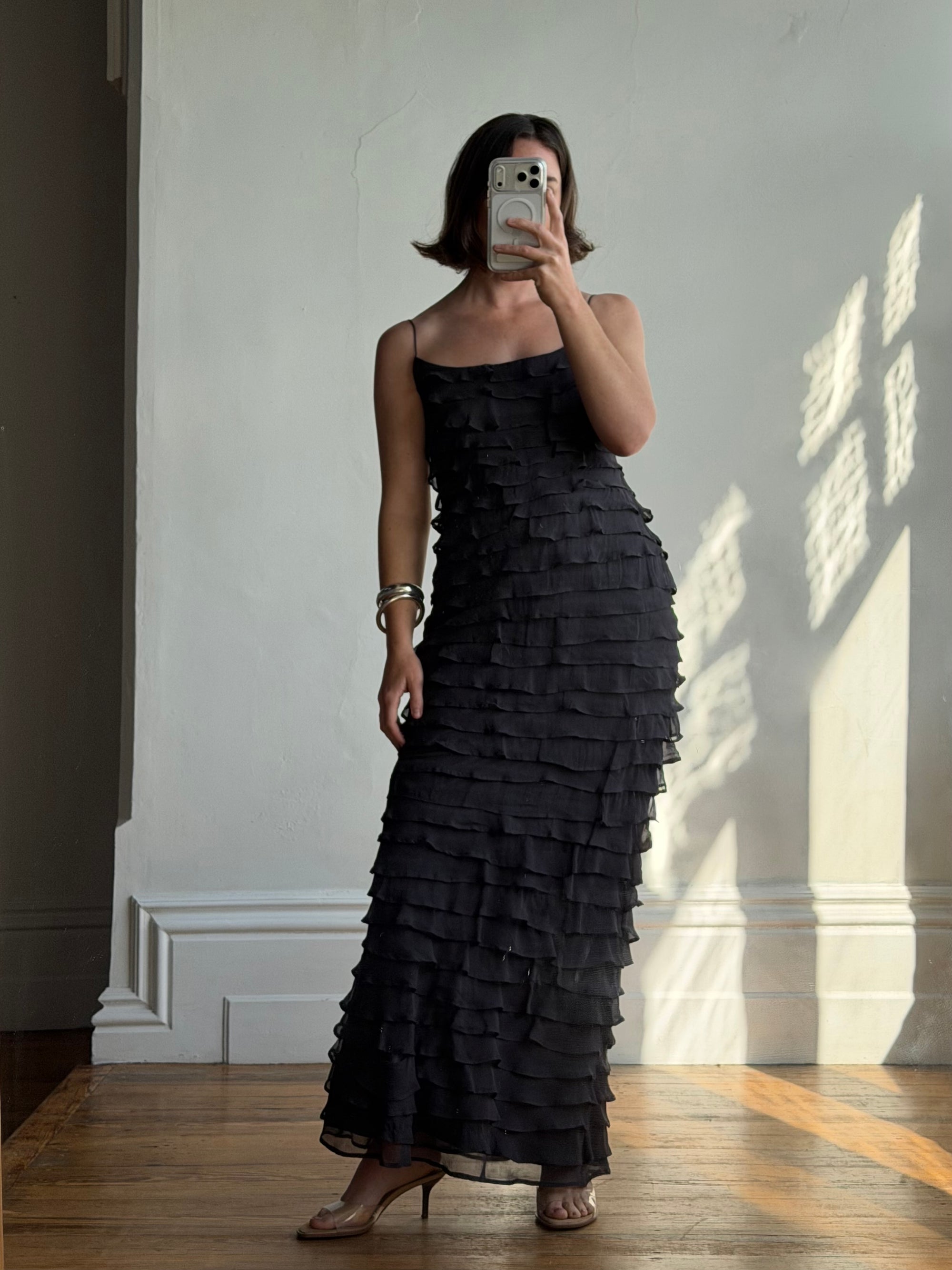 Vintage 90s Pure Silk Tiered Ruffle Dress Navy