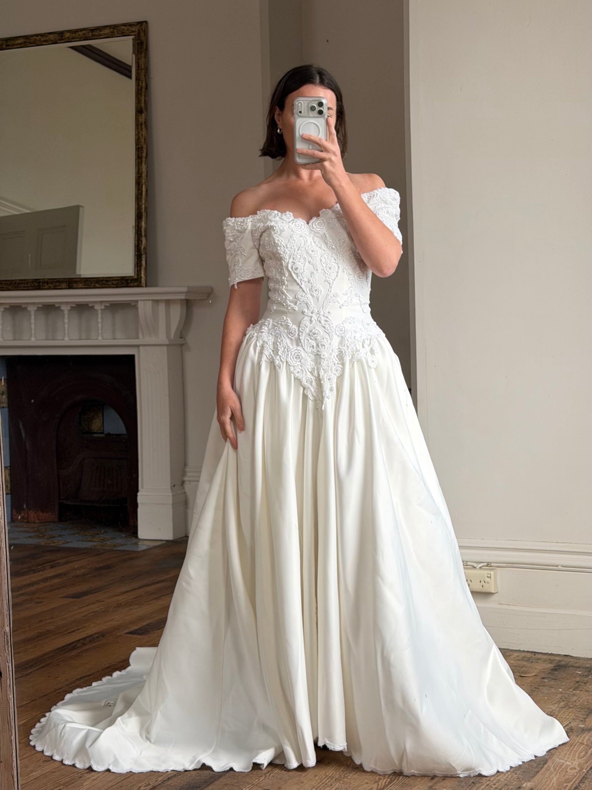 Vintage 90s Embellished Off Shoulder Satin Wedding Gown