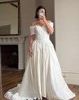 Vintage 90s Embellished Off Shoulder Satin Wedding Gown