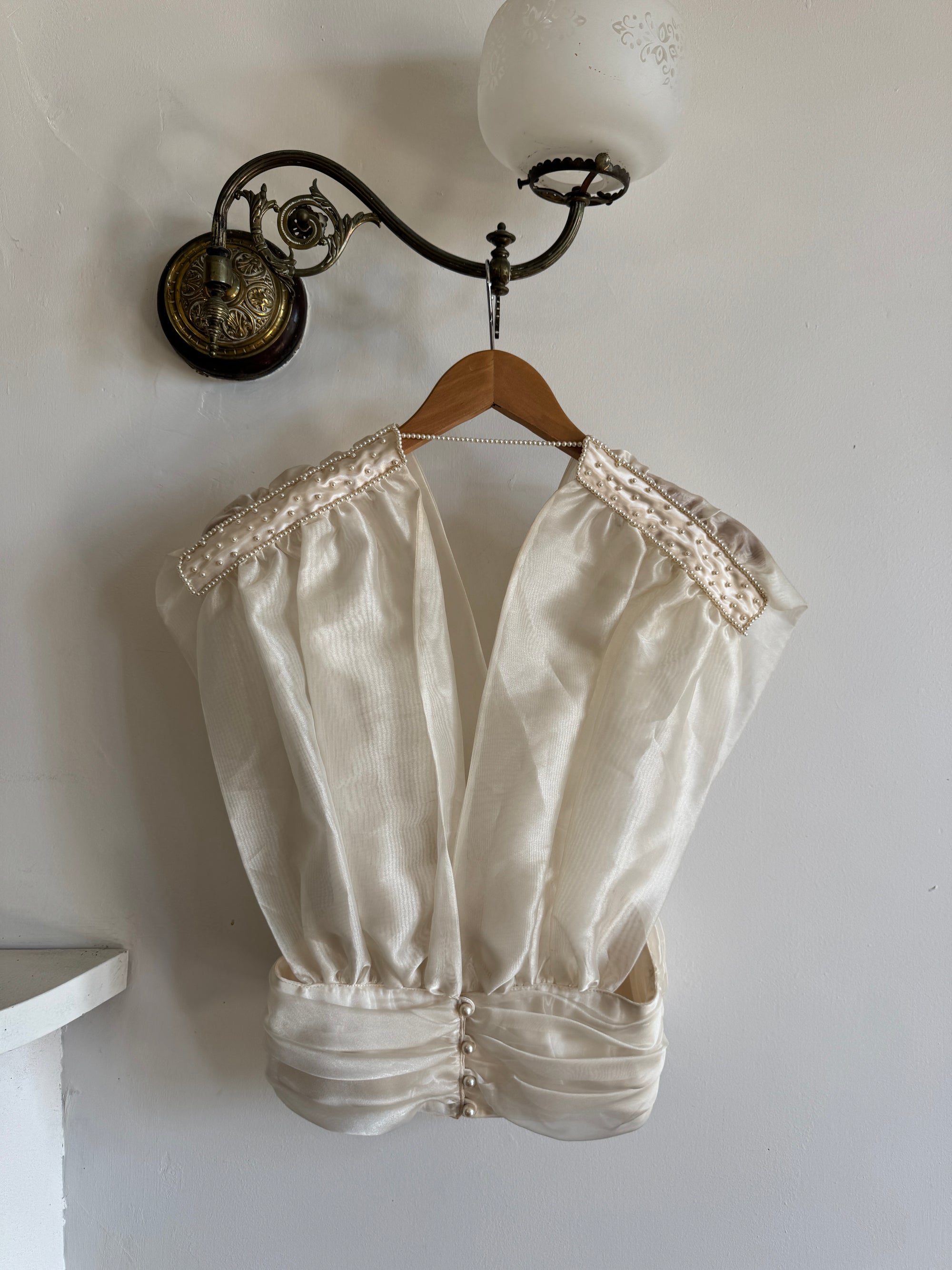 Vintage Y2K Organza V Neck Pearl Embellished Top Creme