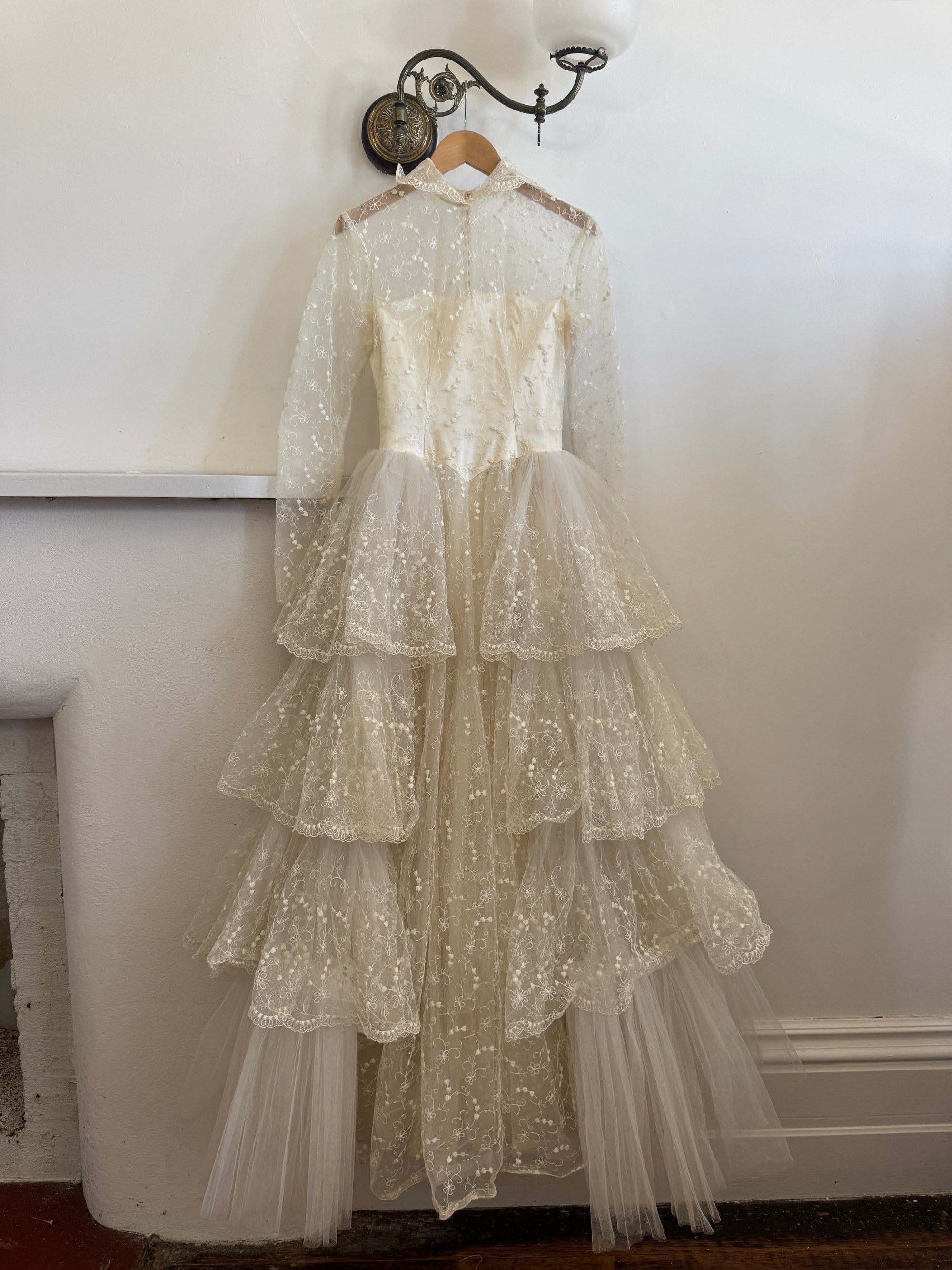 Vintage 70s Tiered Lace and Tulle Long Sleeved Wedding Gown