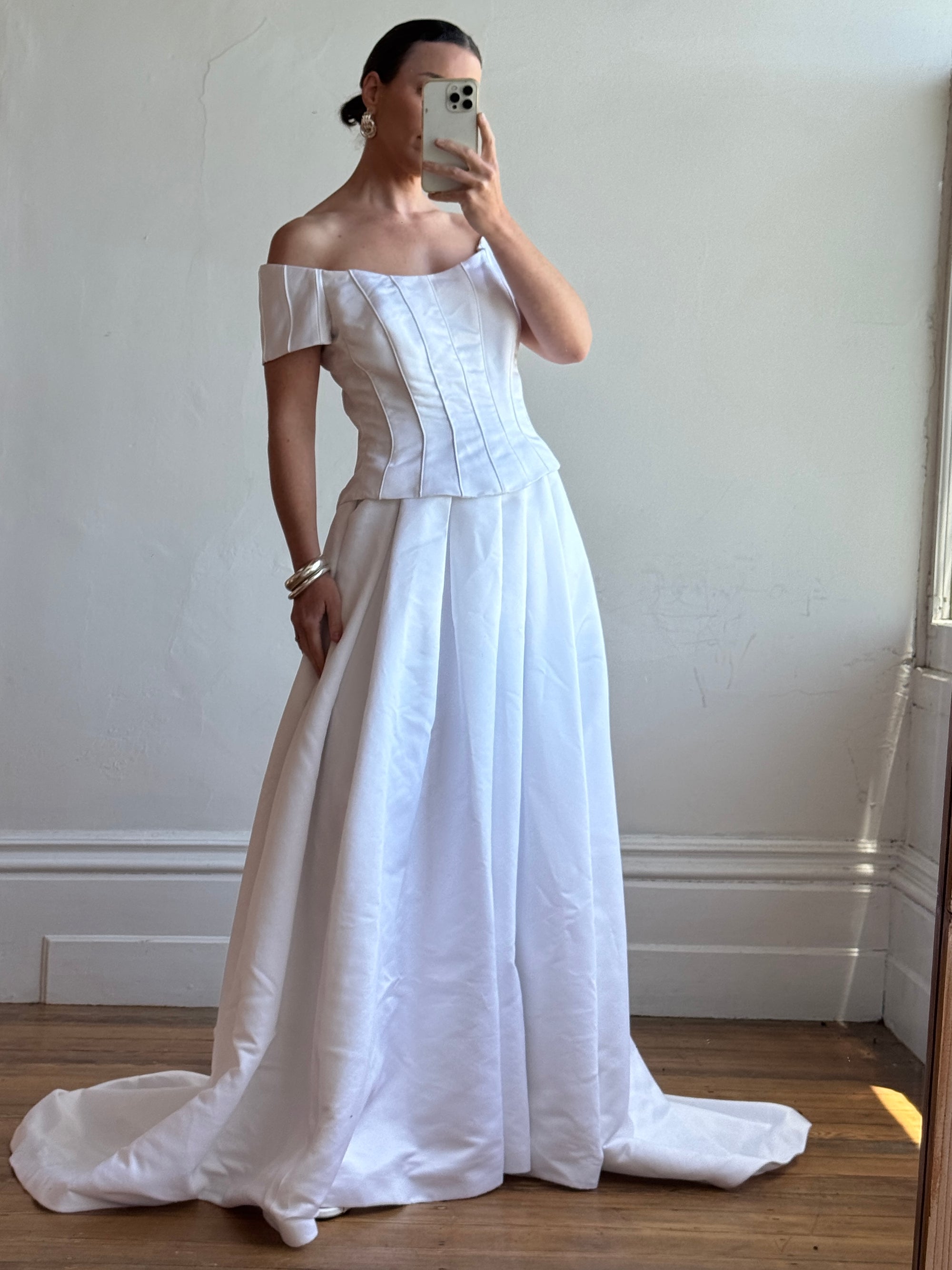 Vintage 90s Off Shoulder Box Pleat Wedding Gown