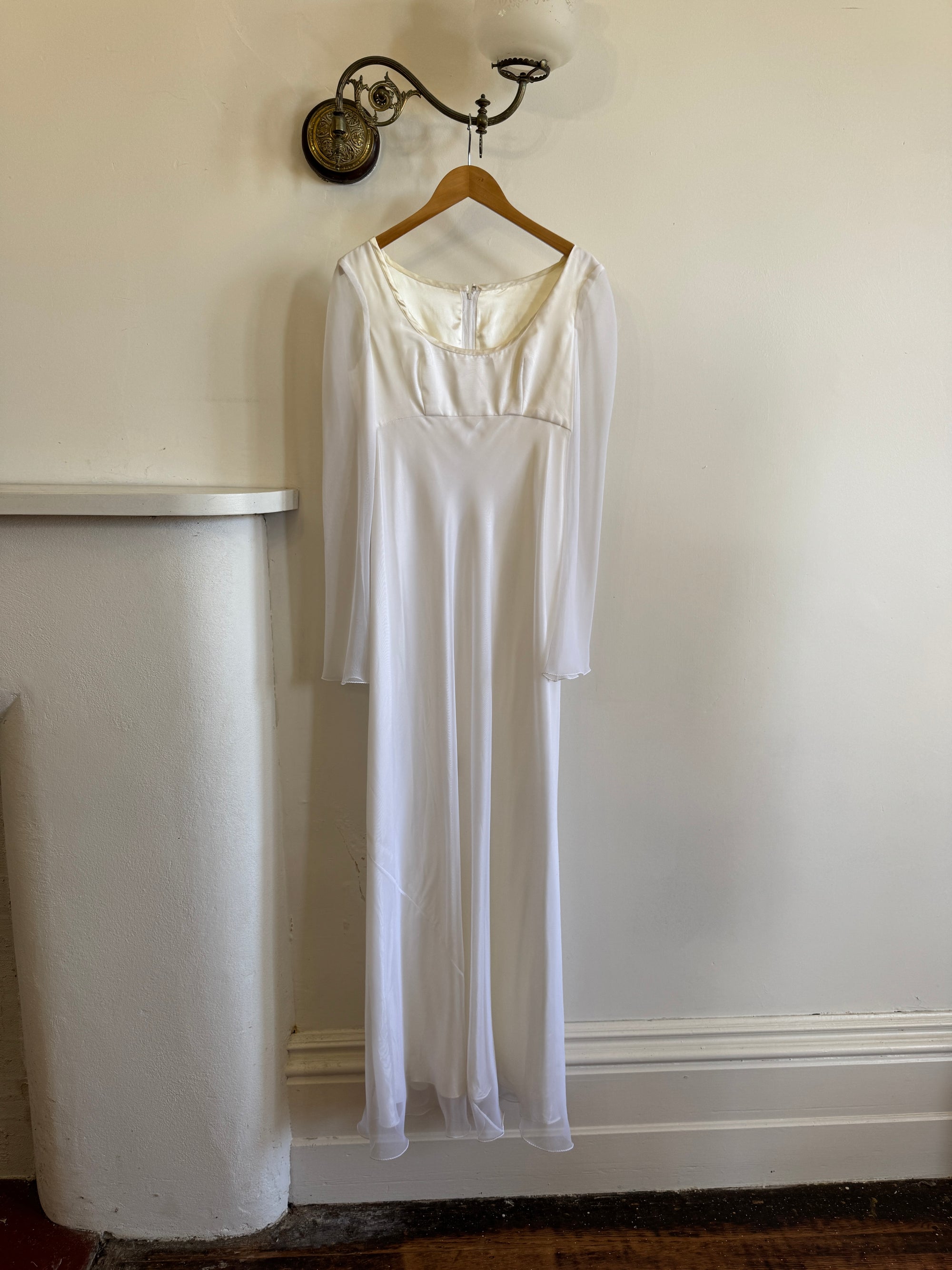 Vintage 90s Sheer Organza Long Sleeve Empire Bridal Dress