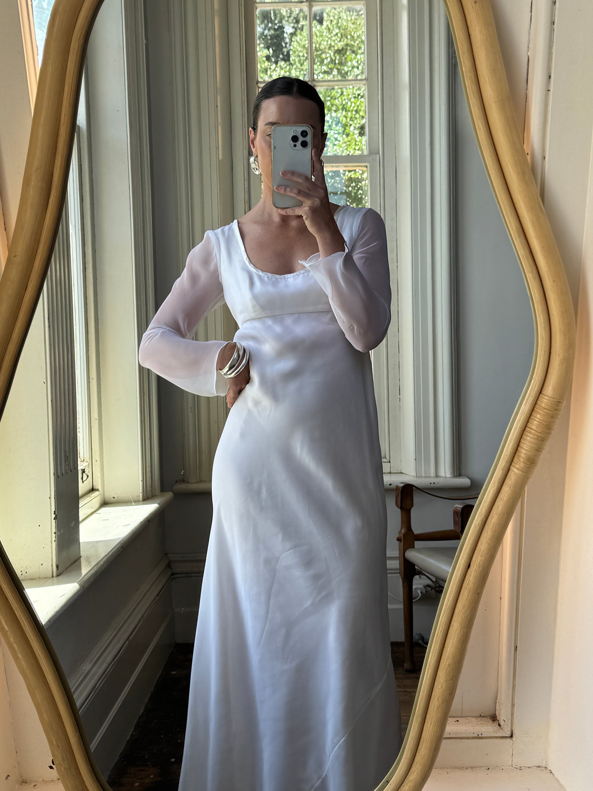 Vintage 90s Sheer Organza Long Sleeve Empire Bridal Dress