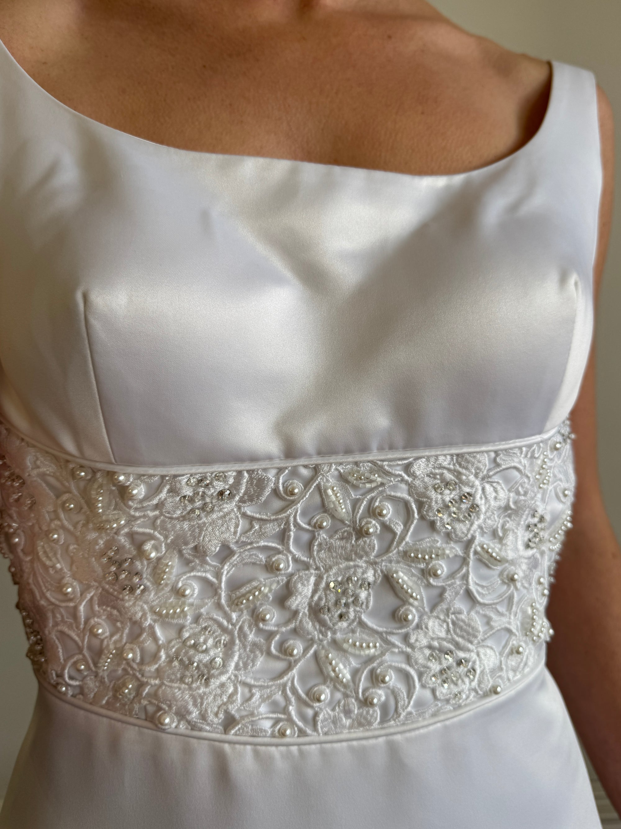 Vintage 90s Scoop Neck Beaded Satin Wedding Gown