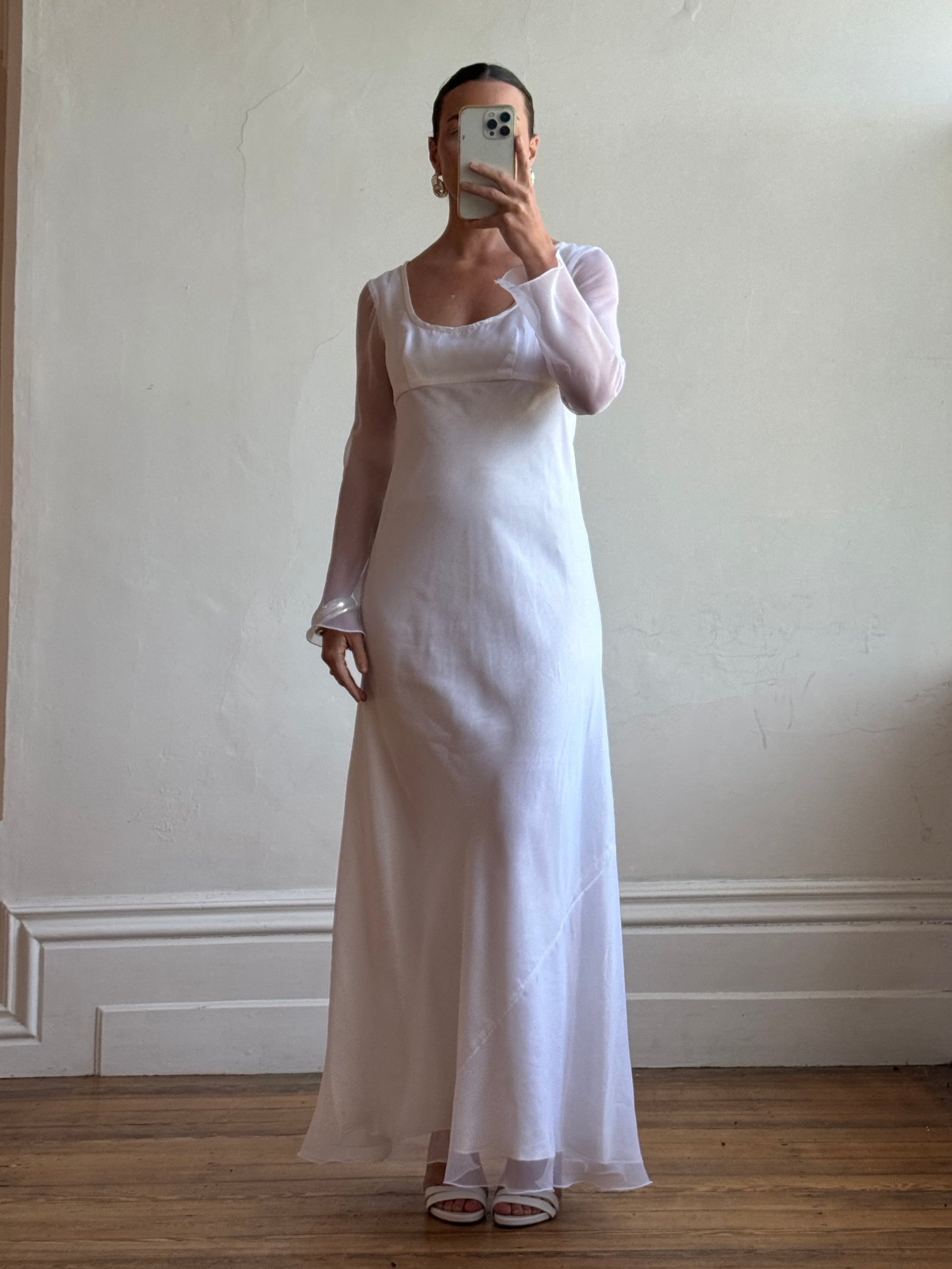 Vintage 90s Sheer Organza Long Sleeve Empire Bridal Dress