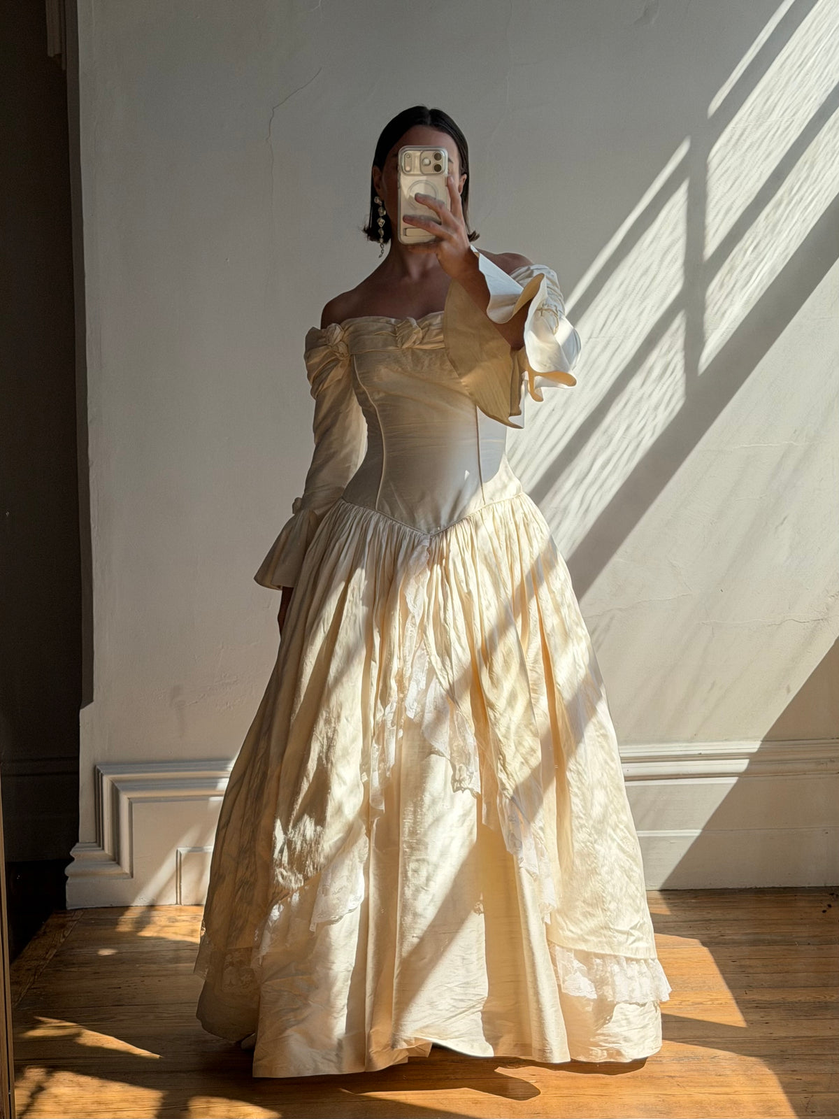 Vintage 90s Silk Dupion Off Shoulder Rosette Bridal Ballgown
