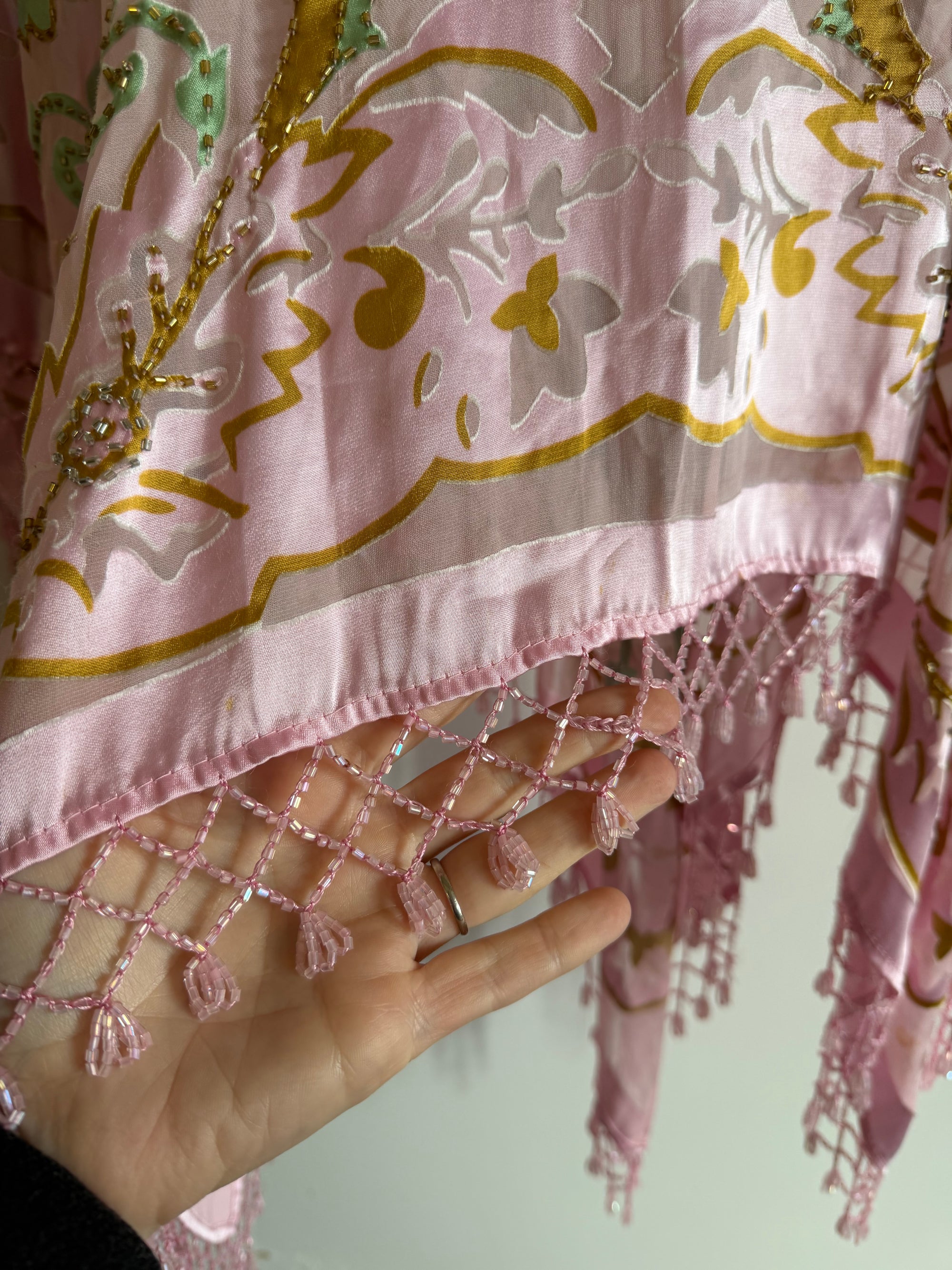 Vintage 90s Pink Floral Beaded Fringe Poncho