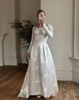 Vintage 60s Satin Jacquard Embellished Wedding Gown Ivory