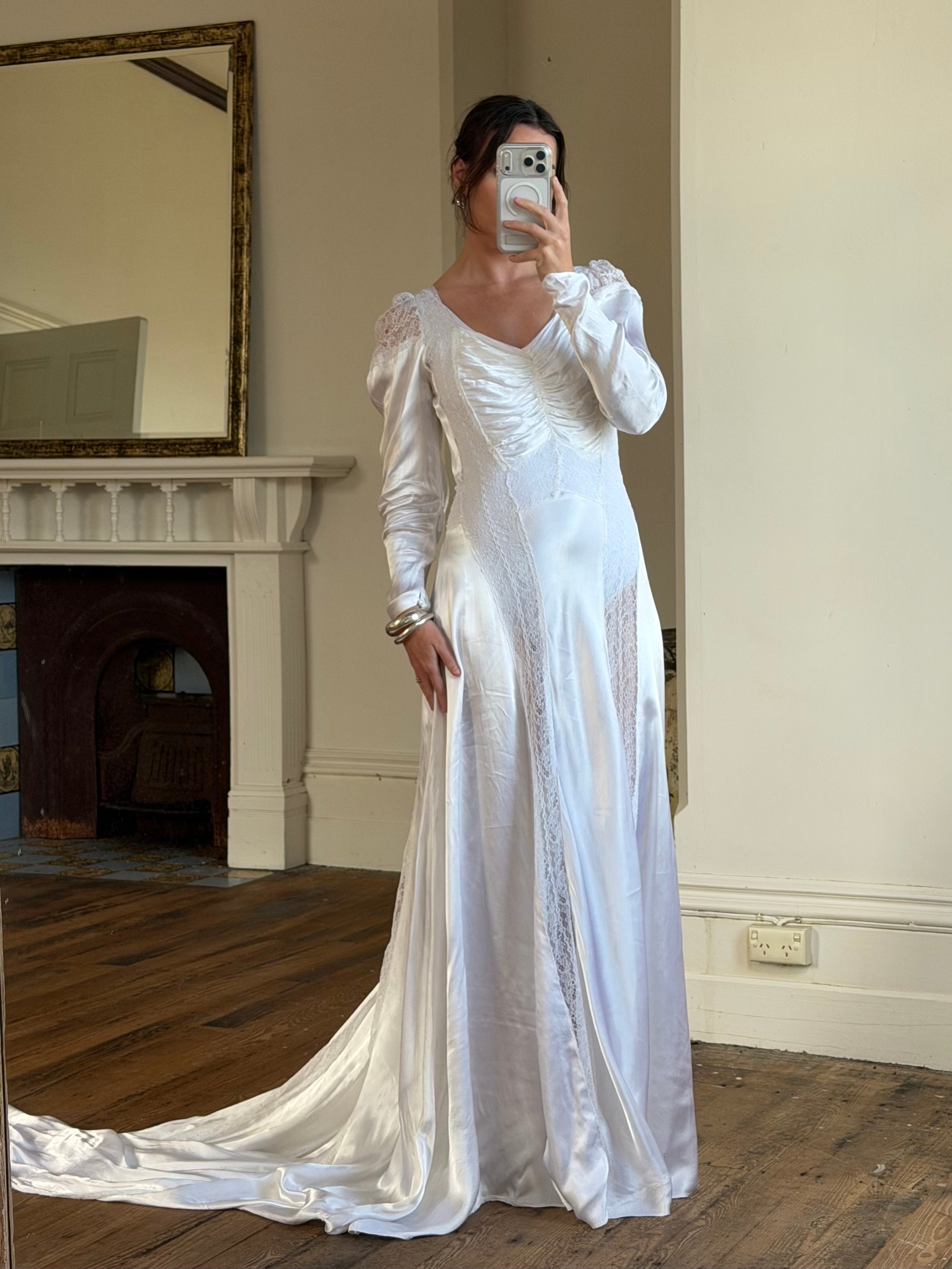 Vintage 40s Liquid Silk Satin Sheer Lace Wedding Gown