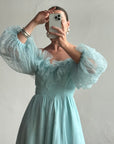 Vintage 80s Sky Blue Tulle Off Shoulder Party Dress