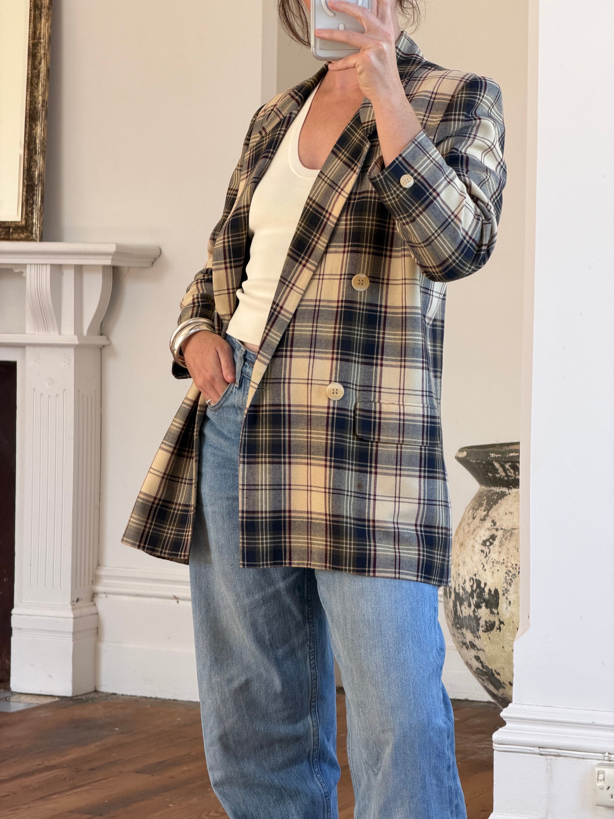 Vintage 90s Plaid Blazer Navy, Burgundy and Cream