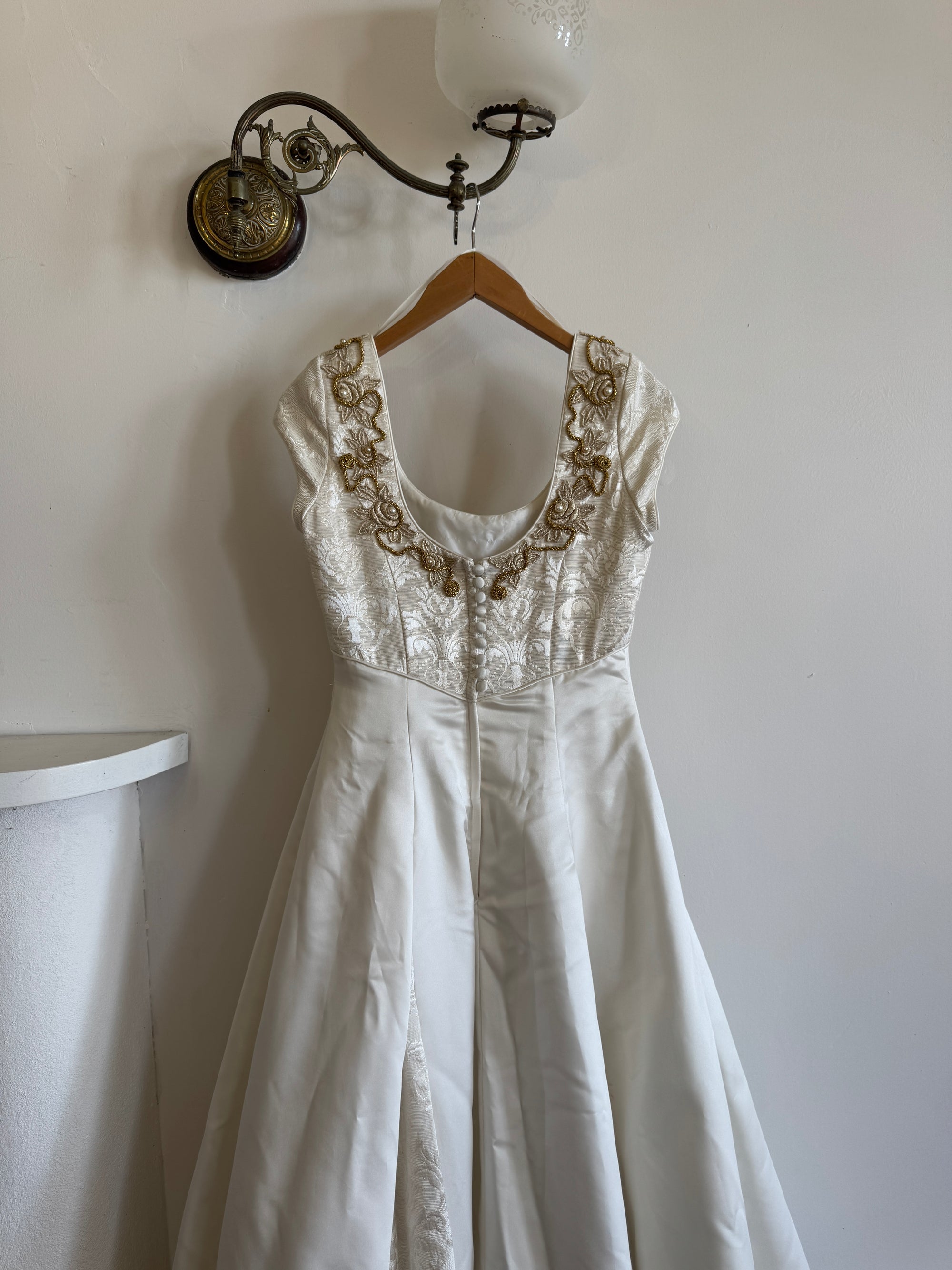 Vintage 90s Golden Brocade Cap Sleeve Wedding Gown