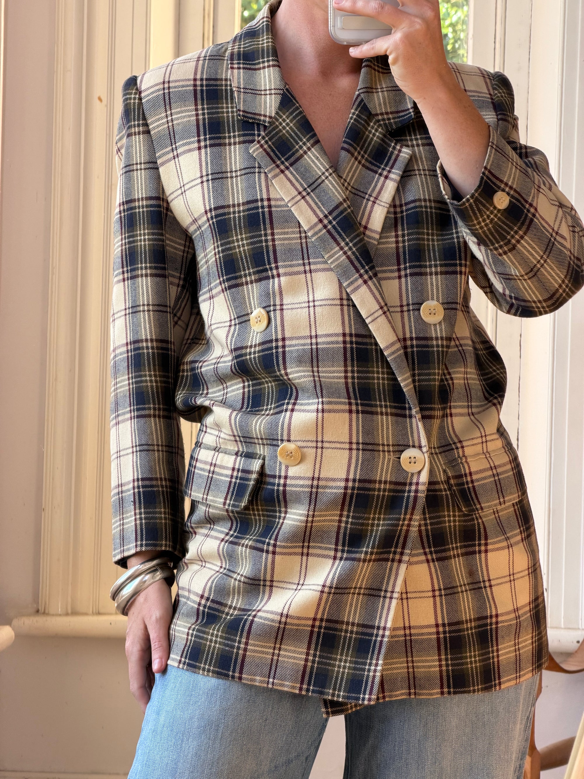 Vintage 90s Plaid Blazer Navy, Burgundy and Cream