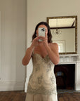 Vintage 90s Pure Silk Drop Waist Beaded Halter Gown with Cathedral Train
