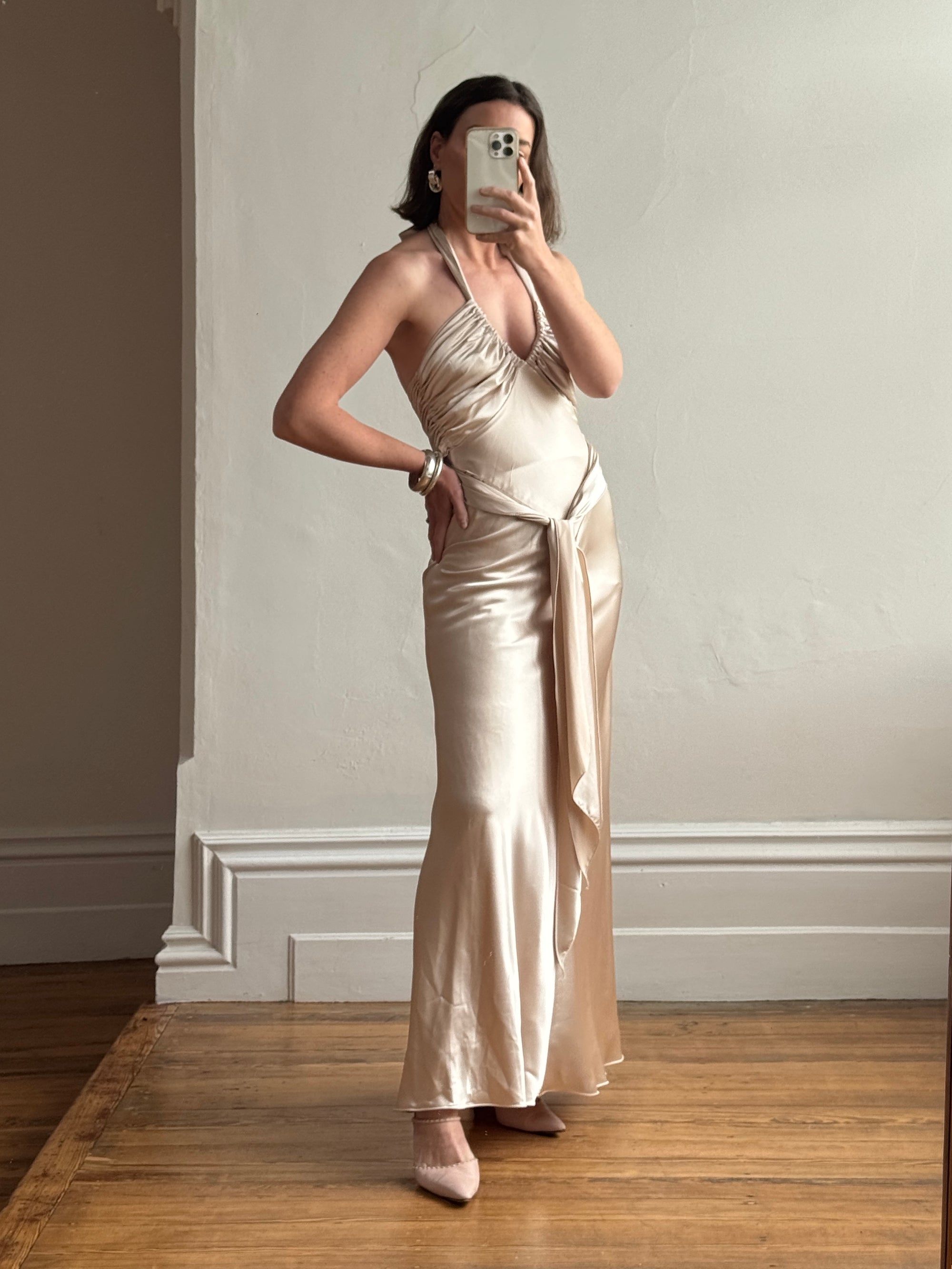 Vintage Y2K Champagne Satin Multiwear Prom Dress