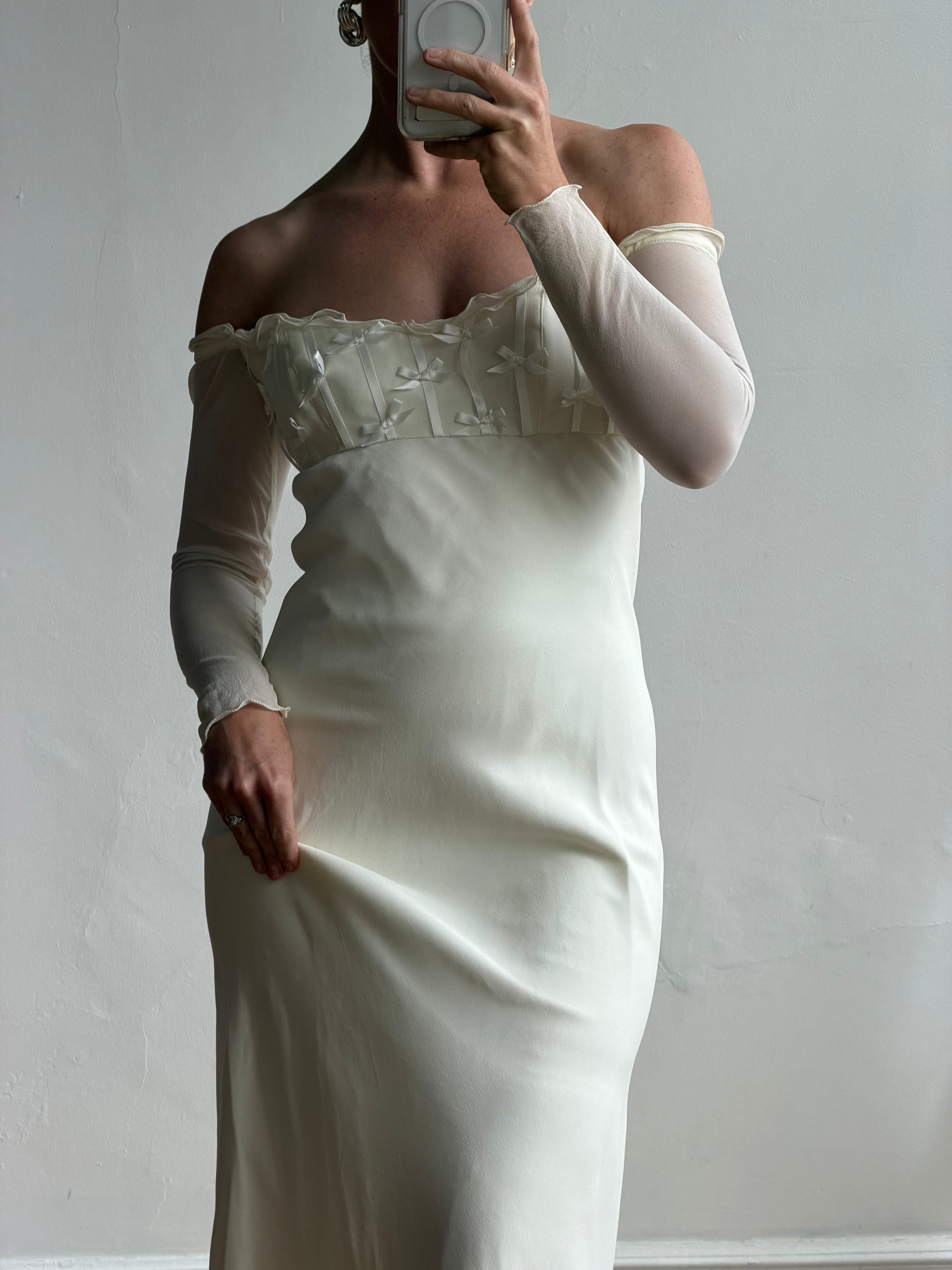 Vintage 90s Pure Silk Chiffon Empire Bow Off Shoulder Wedding Dress