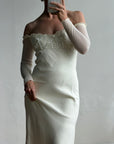 Vintage 90s Pure Silk Chiffon Empire Bow Off Shoulder Wedding Dress