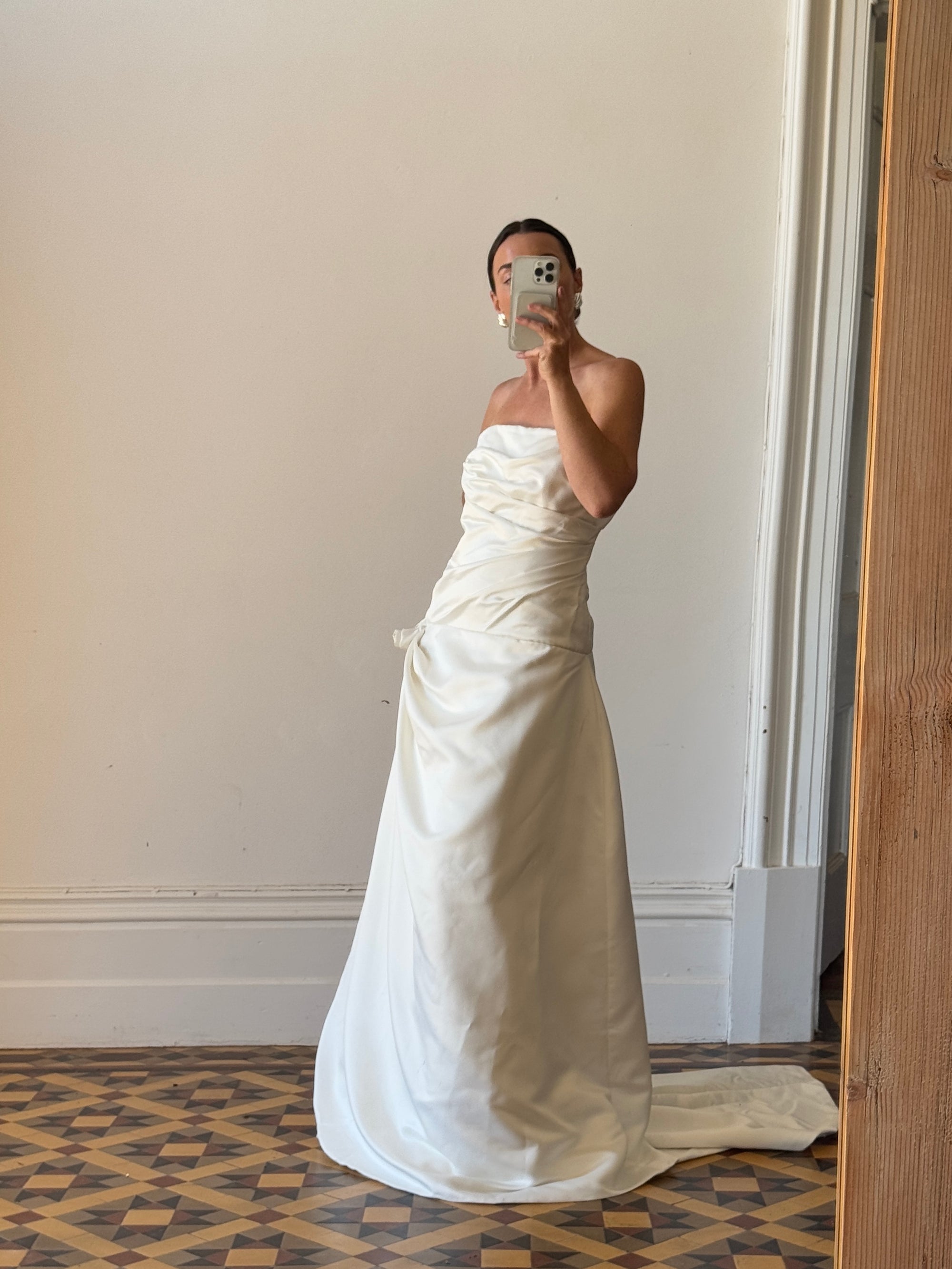 Vintage Y2K Satin Drop Waist Strapless Wedding Gown