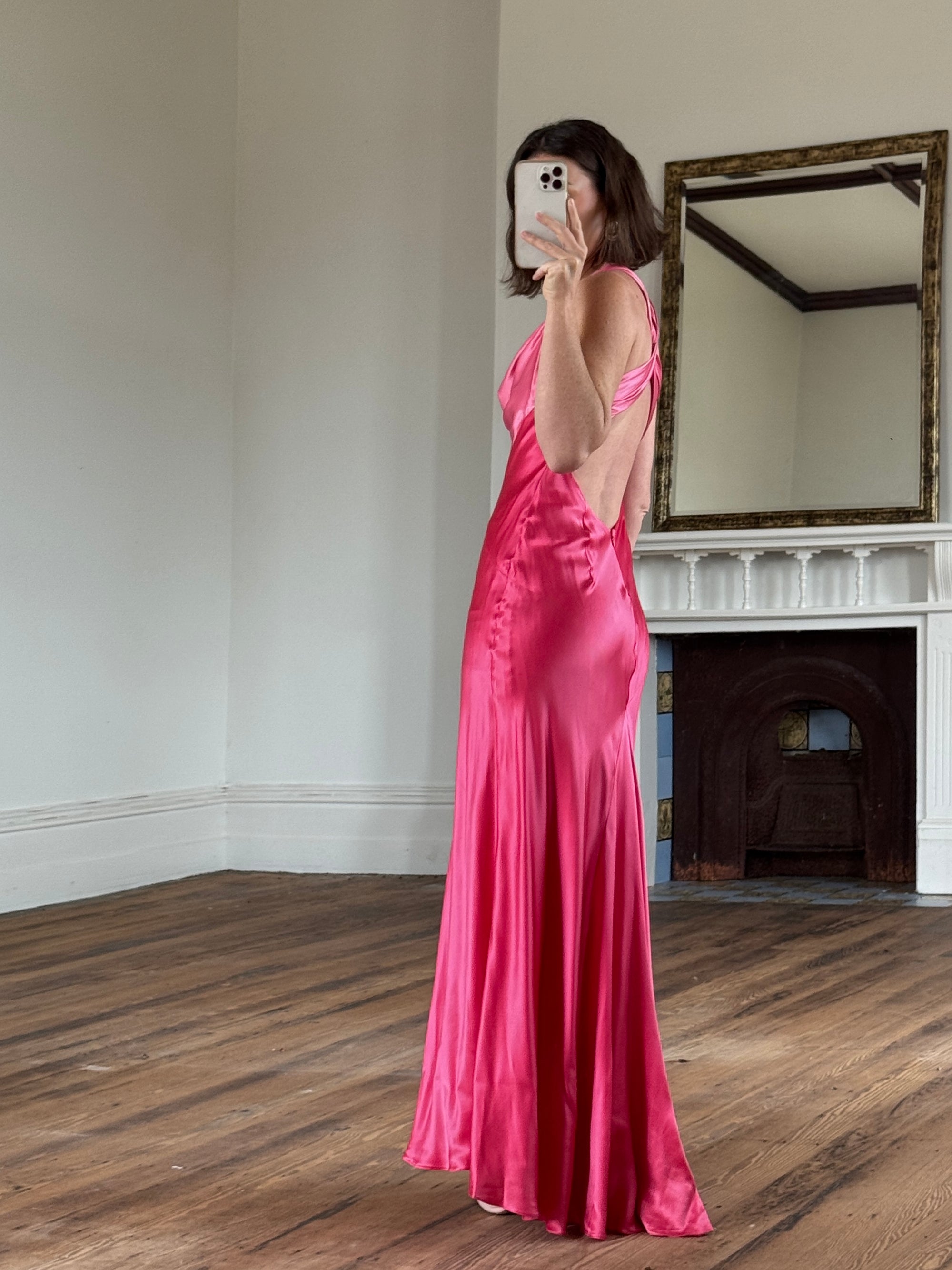 Vintage 90s Pure Silk Bias Cut Slip Dress With Rhinestones Hot Pink