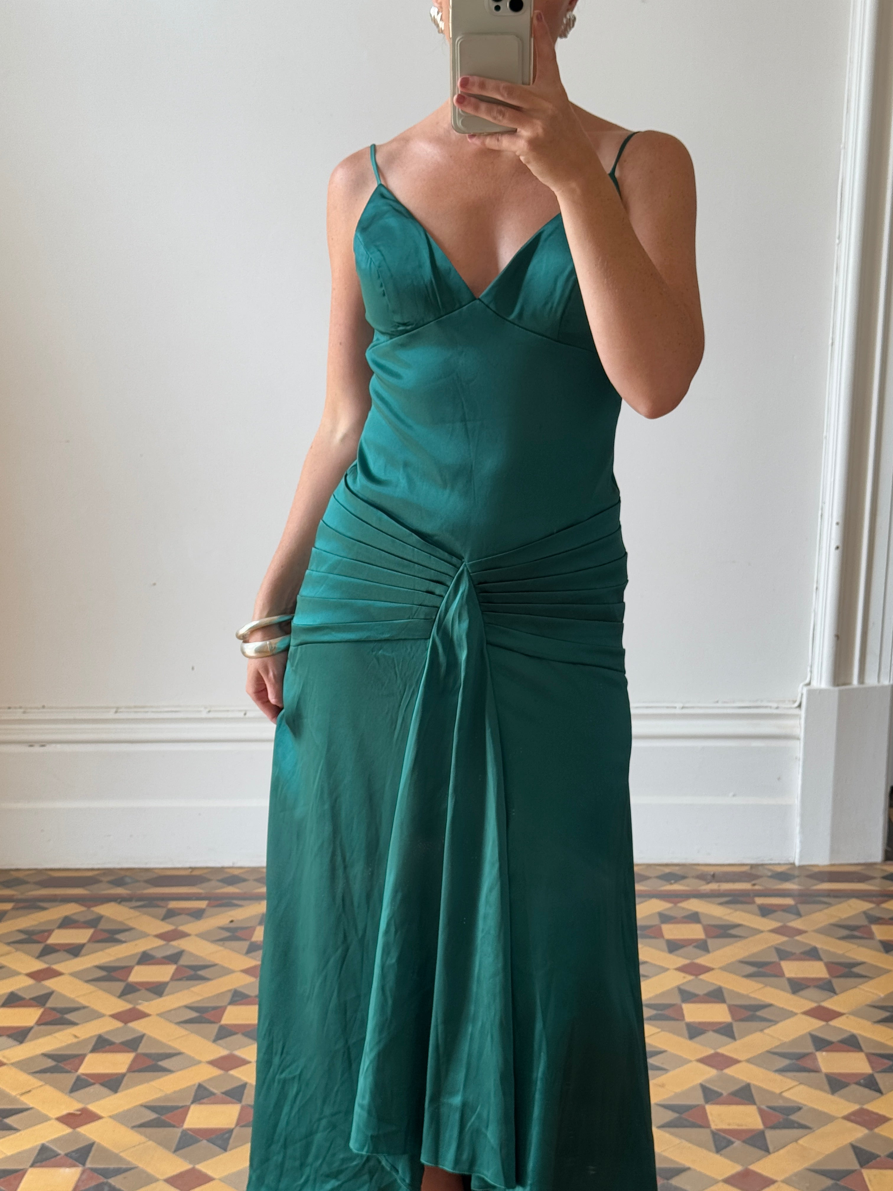 Vintage 90s Satin Drop Waist Evening Dress Teal