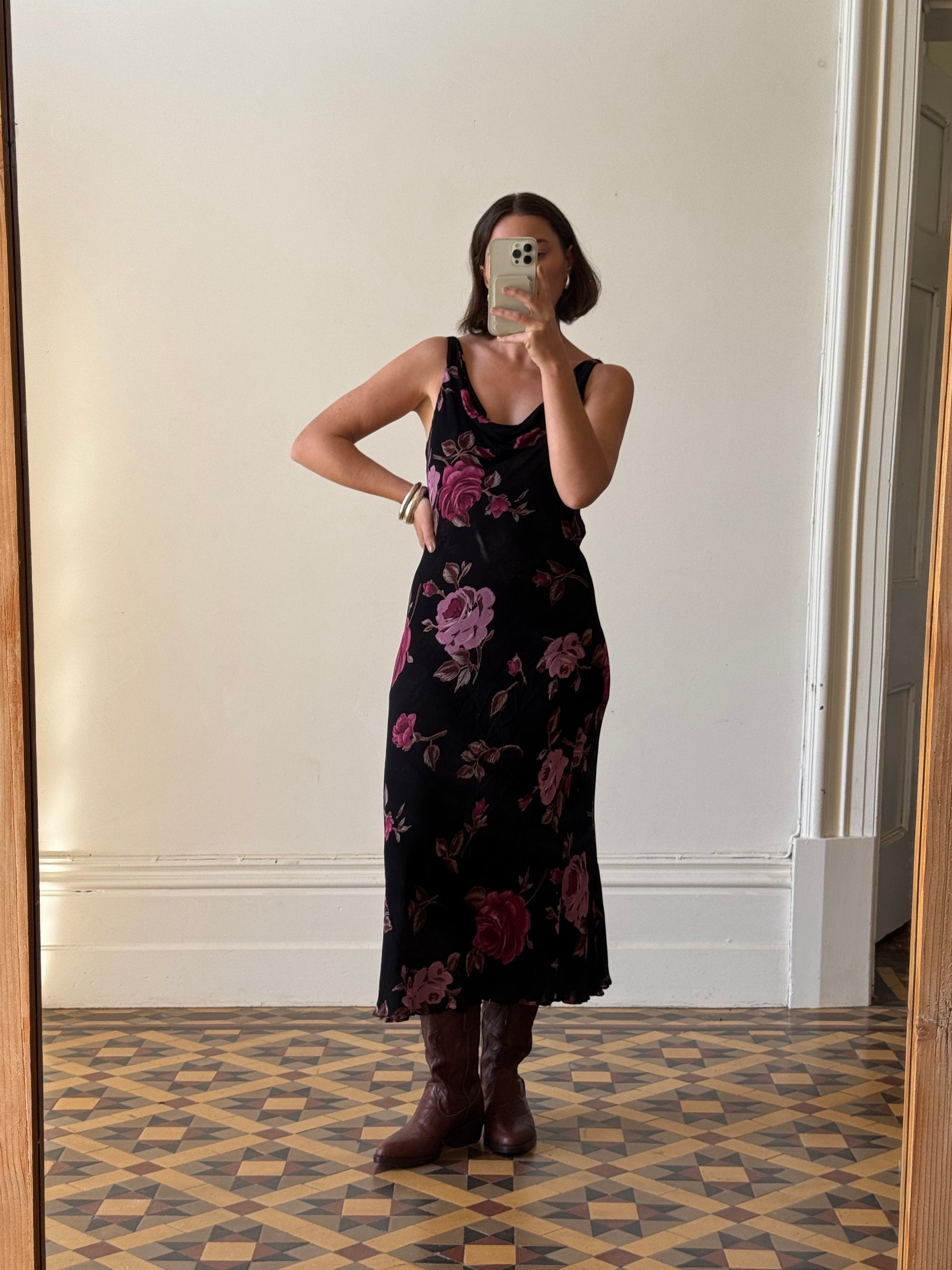 Vintage 90s Reversible Cowl Neck Floral Midi
