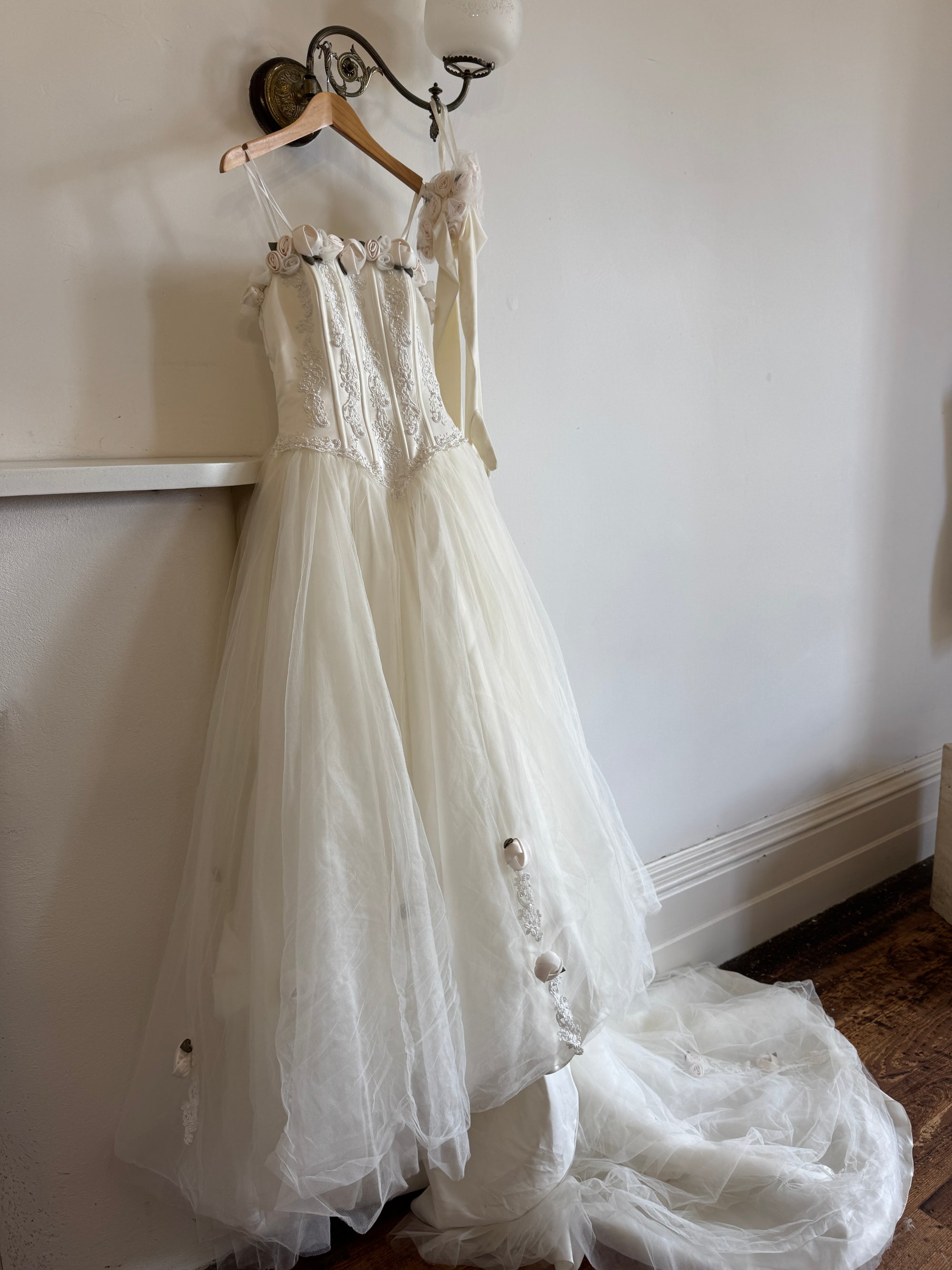 Vintage 90s Rosette Tulle Princess Wedding Gown with Gloves