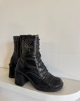 Vintage Y2K Square Toe Chunky Boots With Contrast Stitch Embroidery