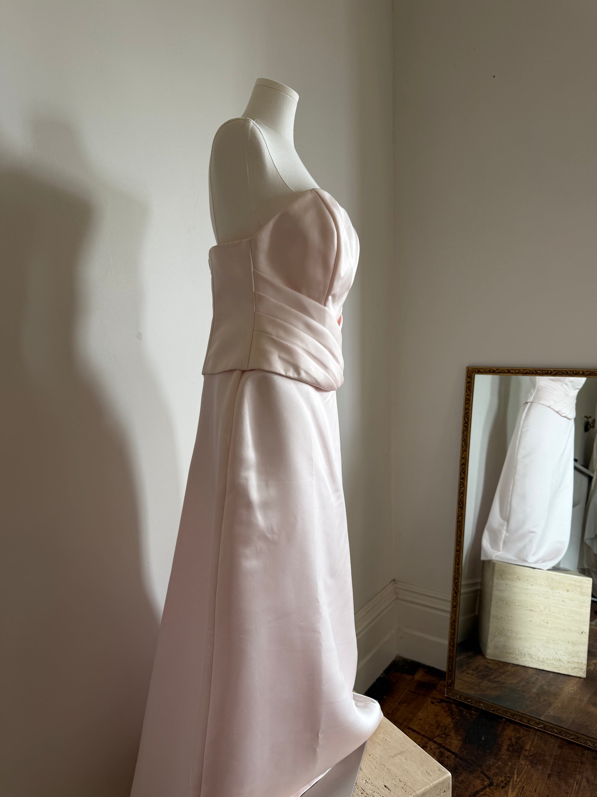 Vintage 90s Baby Pink Satin Pleated Bustier and Skirt Set