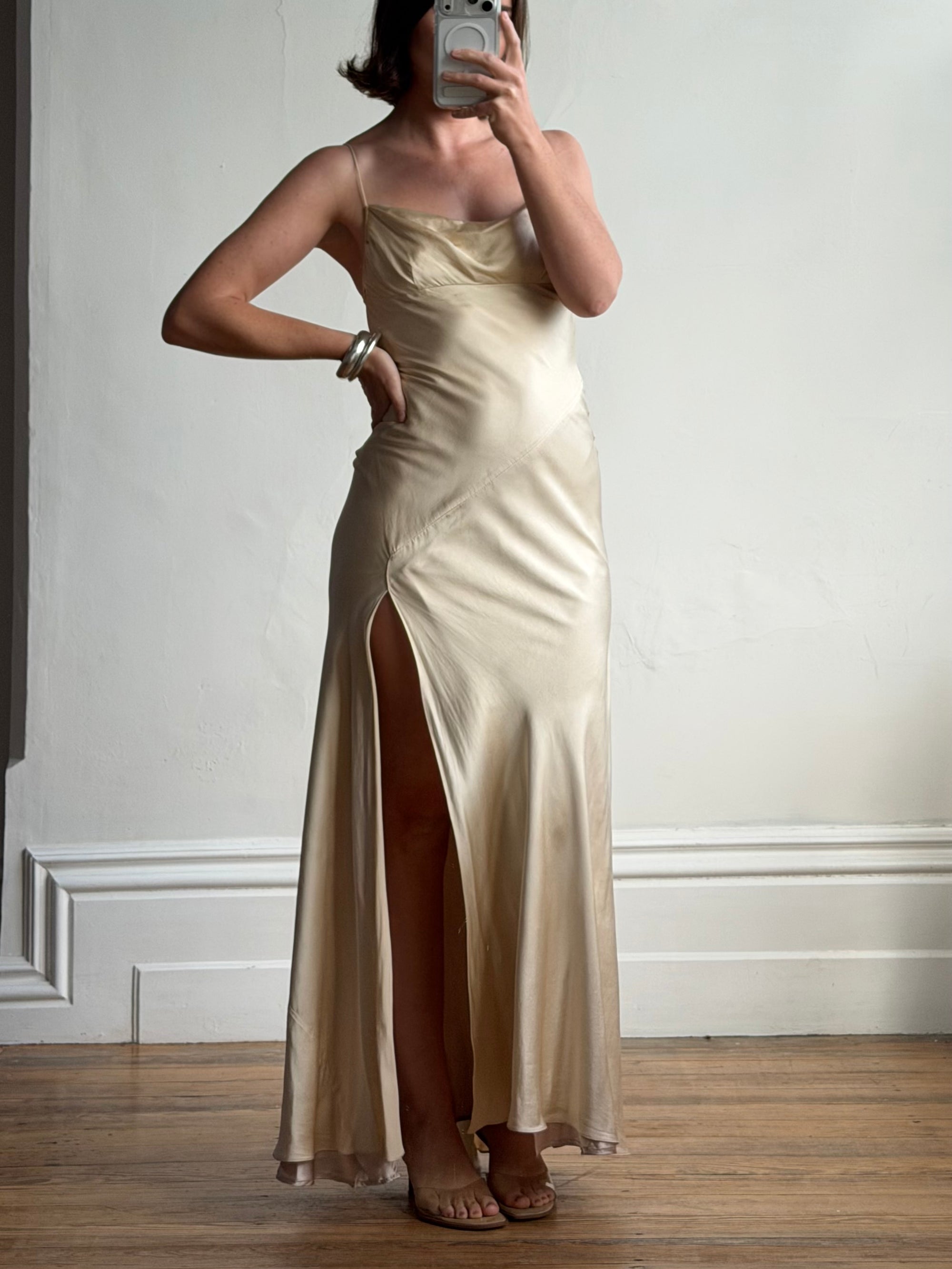 Vintage 90s Pure Silk Bias Cut Split Gown Champagne
