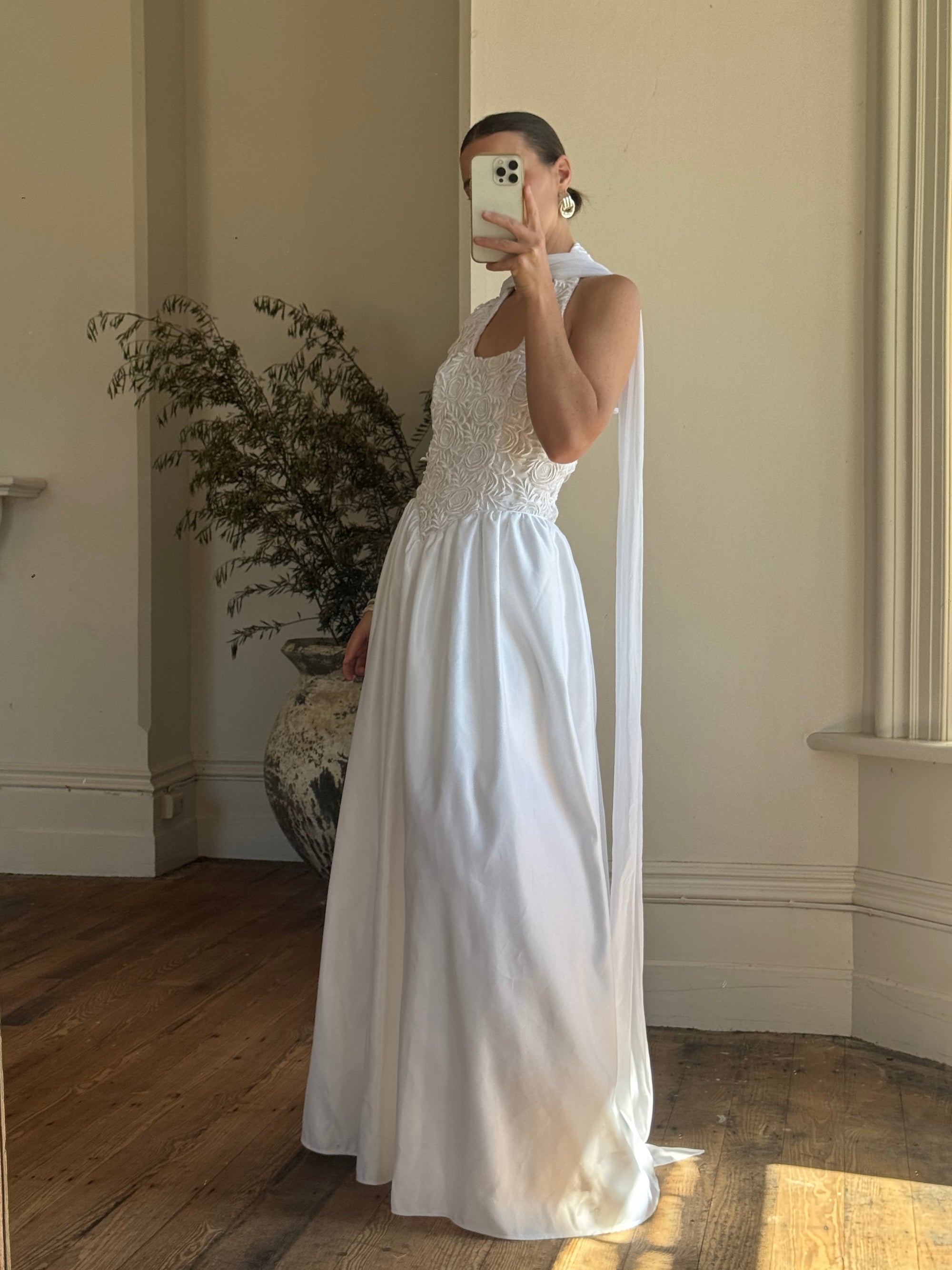 Vintage 90s Australian Made Lace Halter Satin Wedding Dress