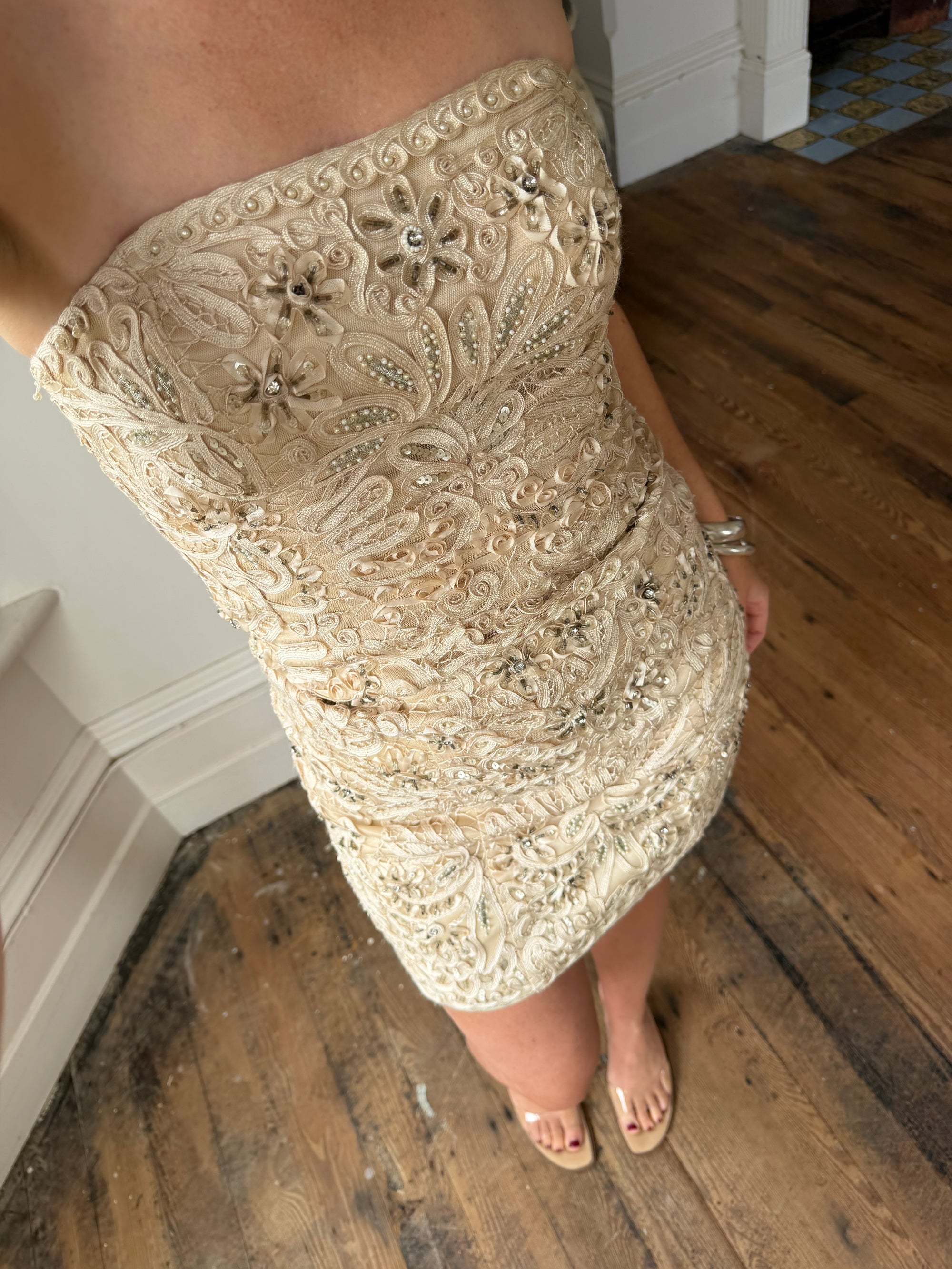 Vintage 90s Crochet Ribbon Embroidered Strapless Mini