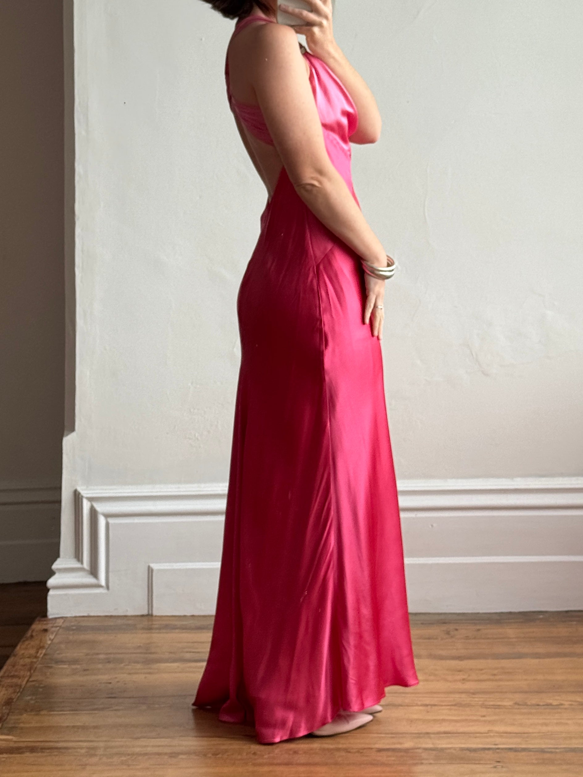 Vintage 90s Pure Silk Bias Cut Slip Dress With Rhinestones Hot Pink