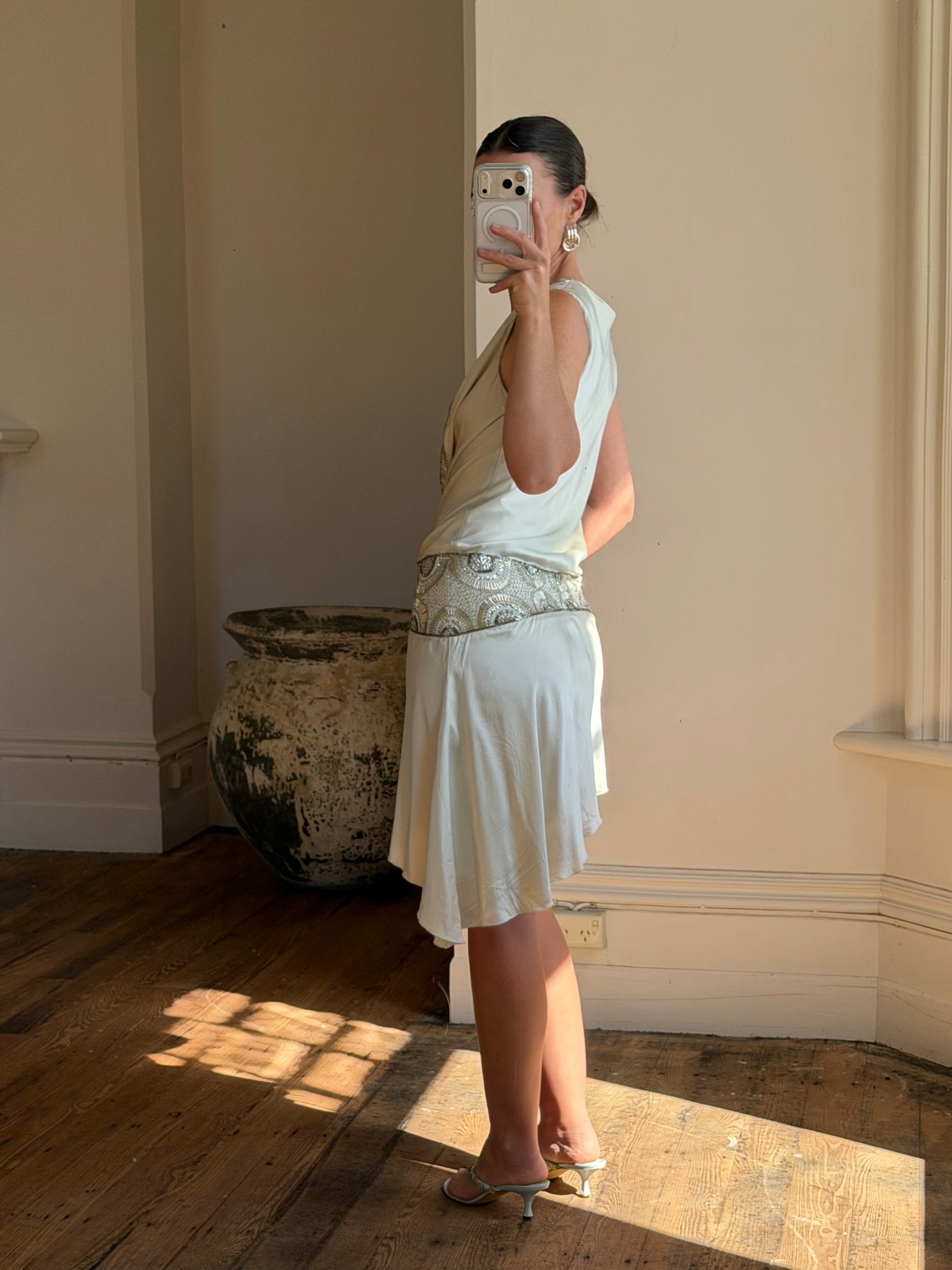 Vintage Y2K Pure Silk Drop Waist Beaded Mini Ice