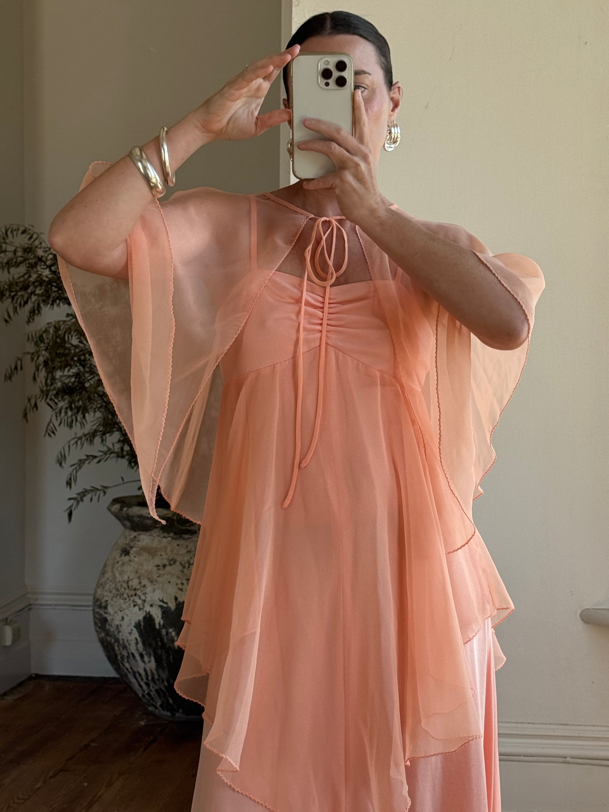 Vintage 70s Apricot Maxi Dress with Sheer Cape