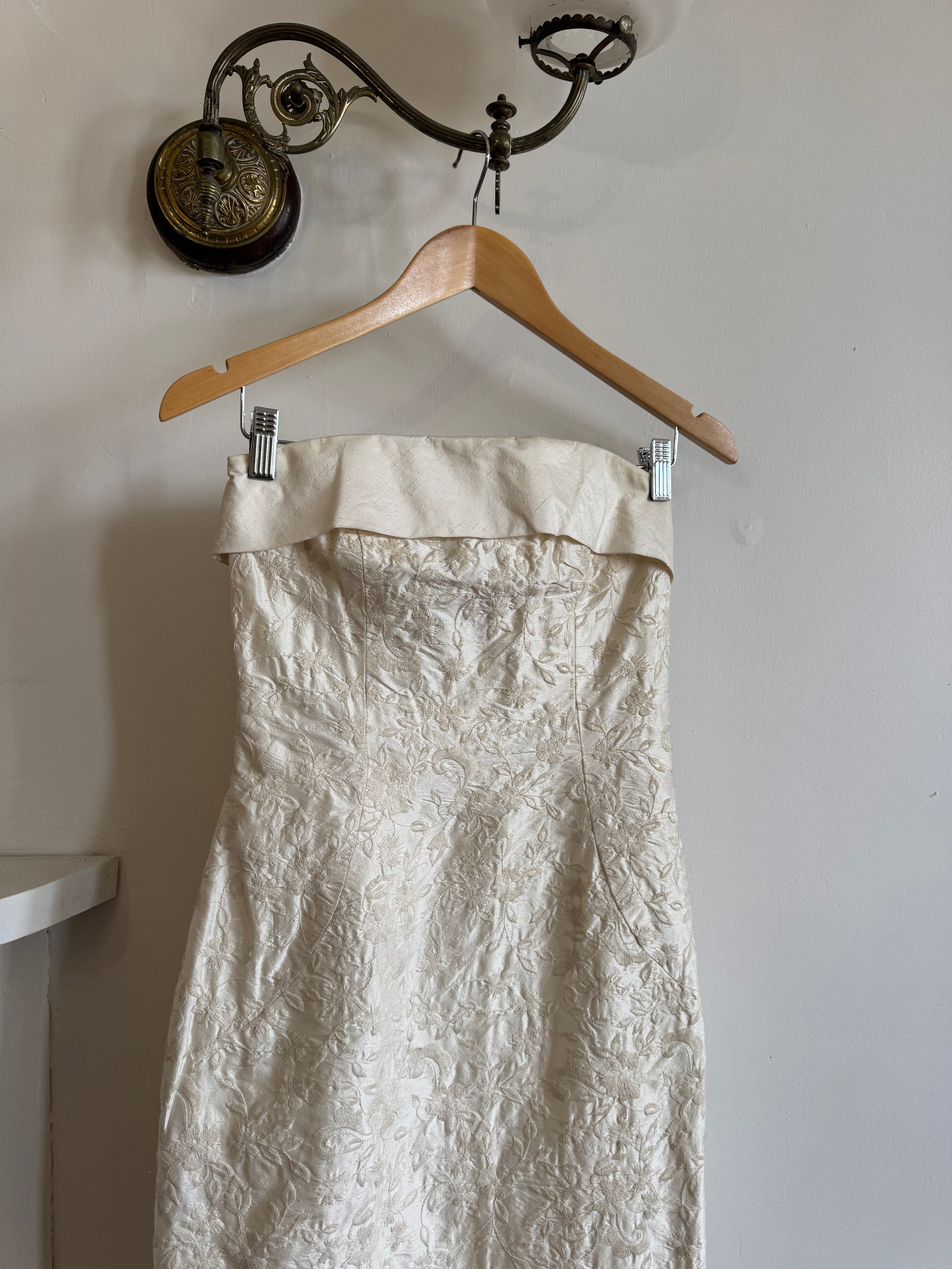 Vintage 90s Pure Silk Jacquard Strapless Bridal Midi