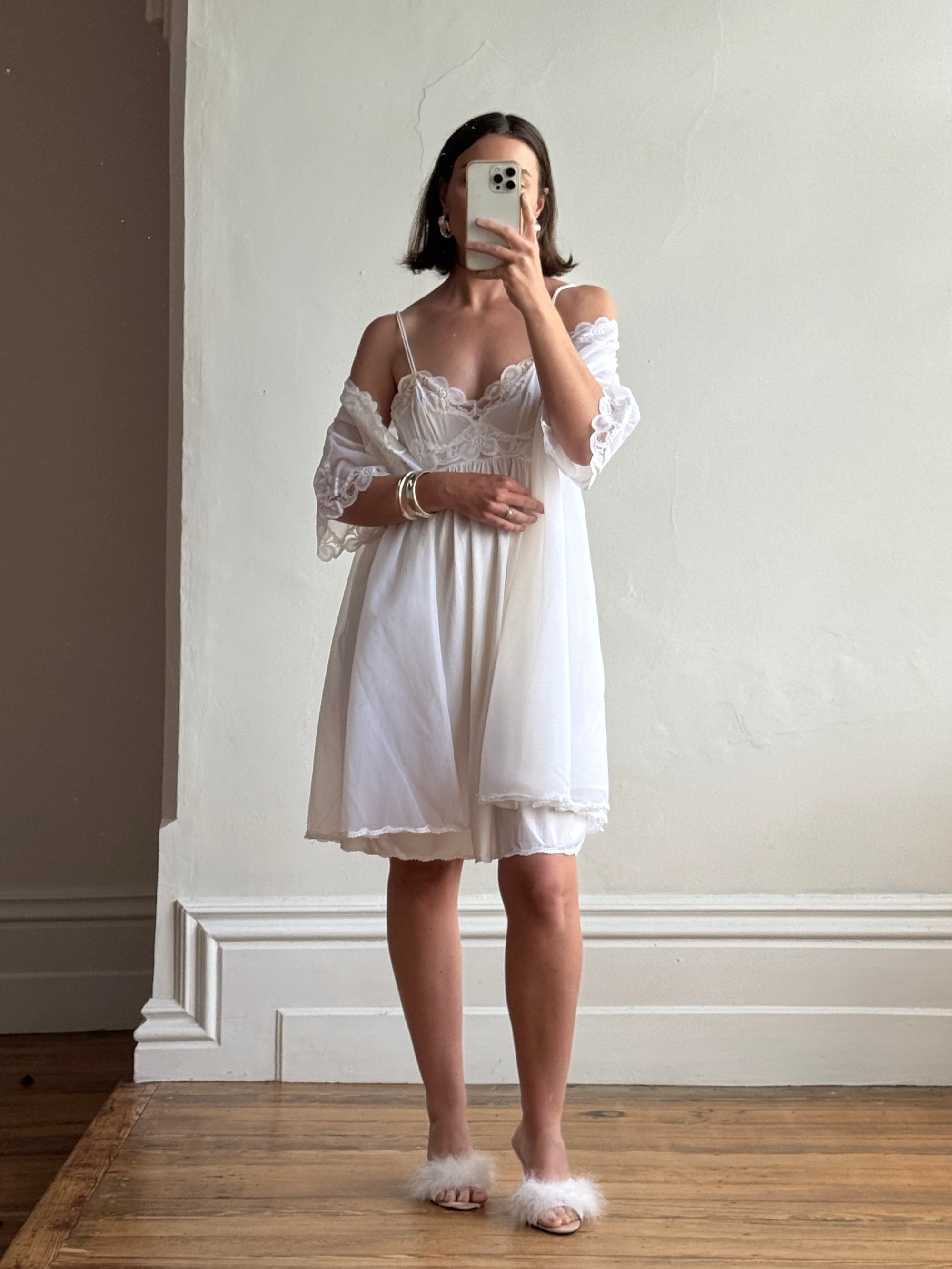 Vintage 80s Wedding Morning Lace Peignoir and Slip Set