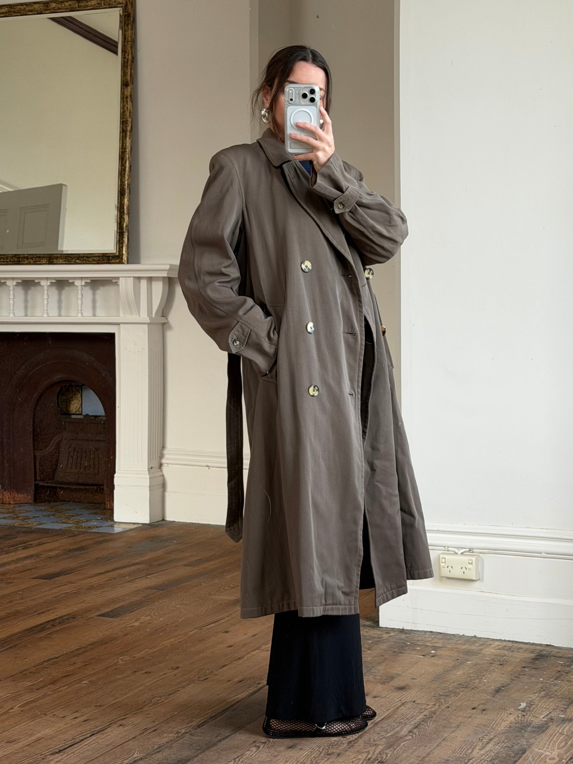 Vintage 70s Showerproof Double Breasted Trench Coat Olive