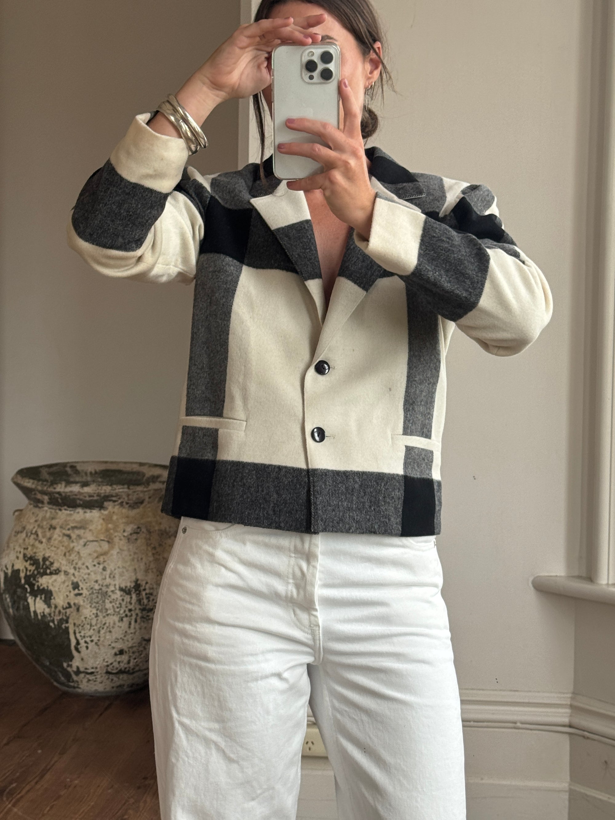 Vintage 90s Wool Blend Plaid Cropped Blazer