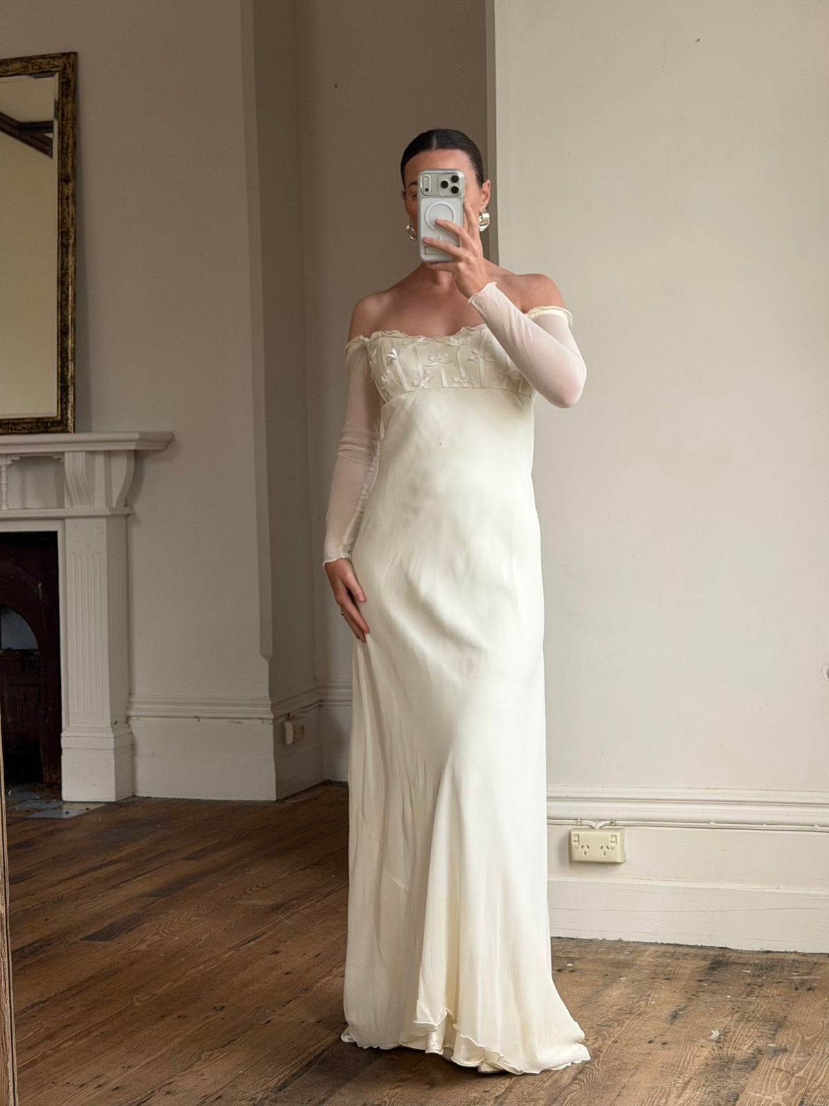 Vintage 90s Pure Silk Chiffon Empire Bow Off Shoulder Wedding Dress