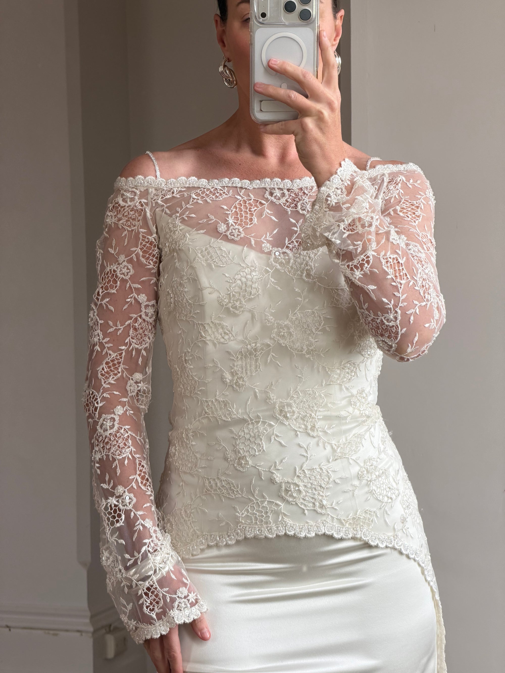 Vintage 90s Italian Beaded Lace and Satin Wedding Gown