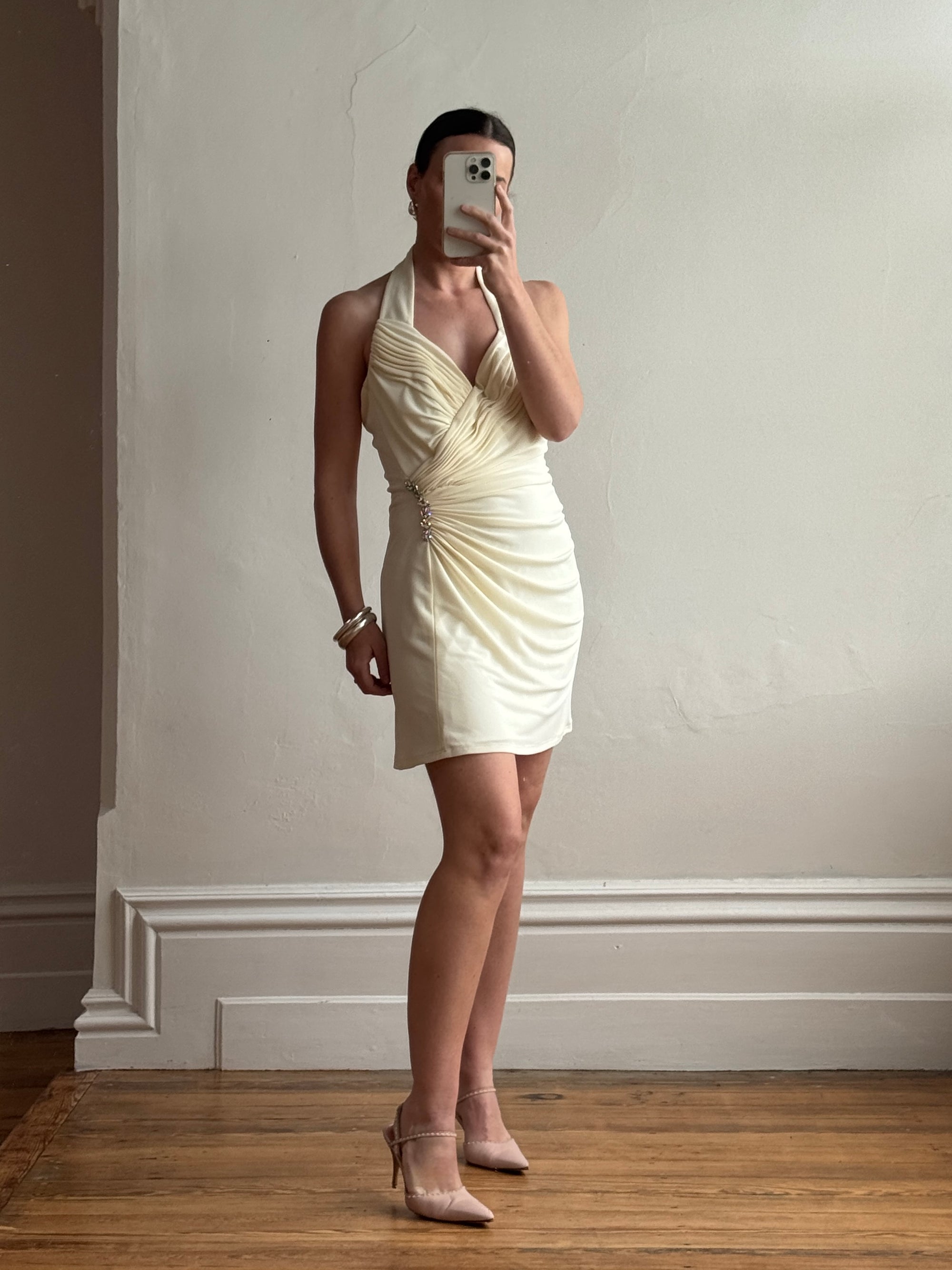 Vintage 90s Bandage Mini Dress Cream With Rainbow Rhinestones