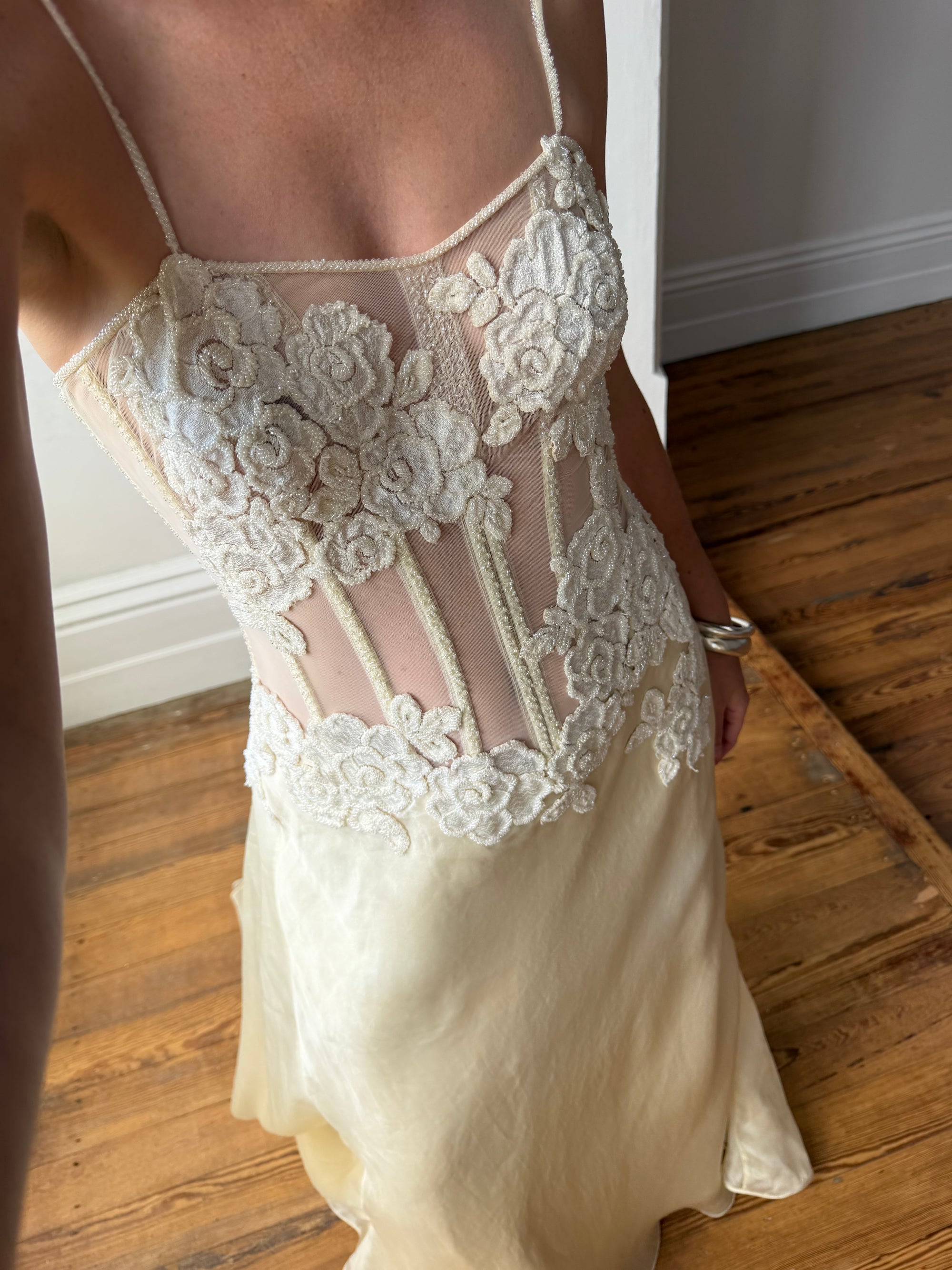 Vintage 90s Italian Nude Floral Beaded Silk Organza Wedding Gown