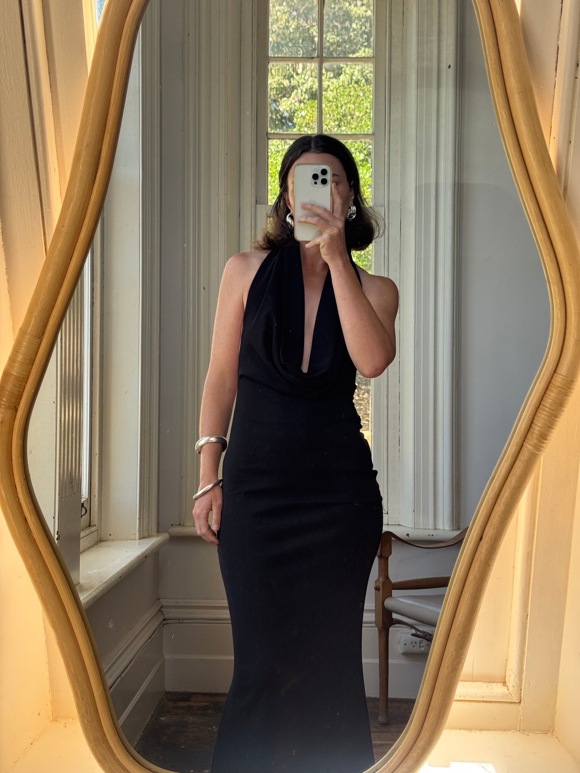 Vintage 90s Plunging Cowl Neck Body Con Dress Noir